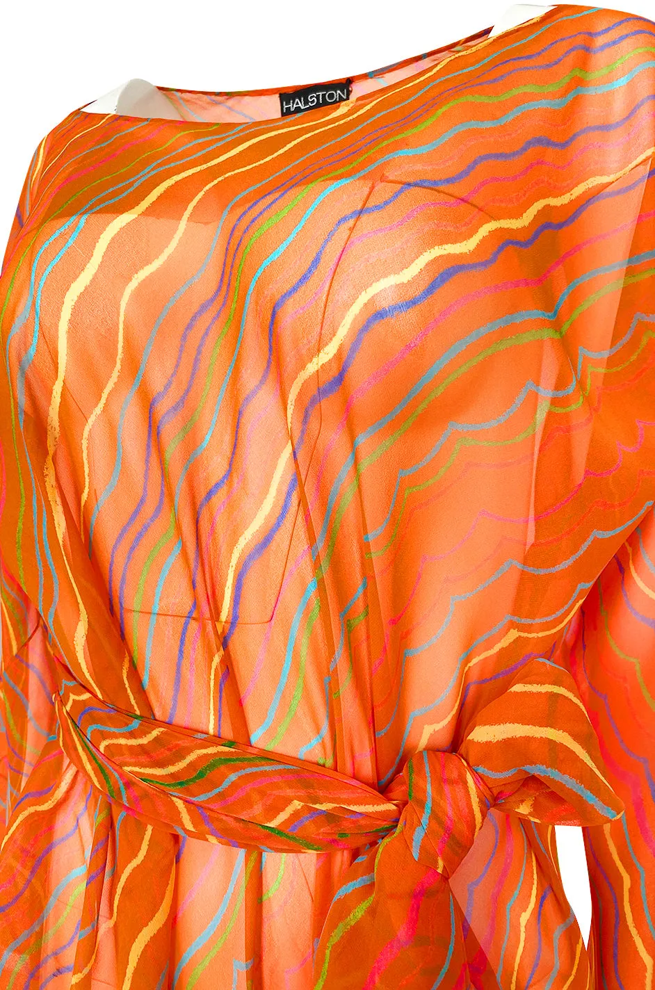 Spring 1973 Halston Bright Tangerine Striped Silk Chiffon Caftan w Sash