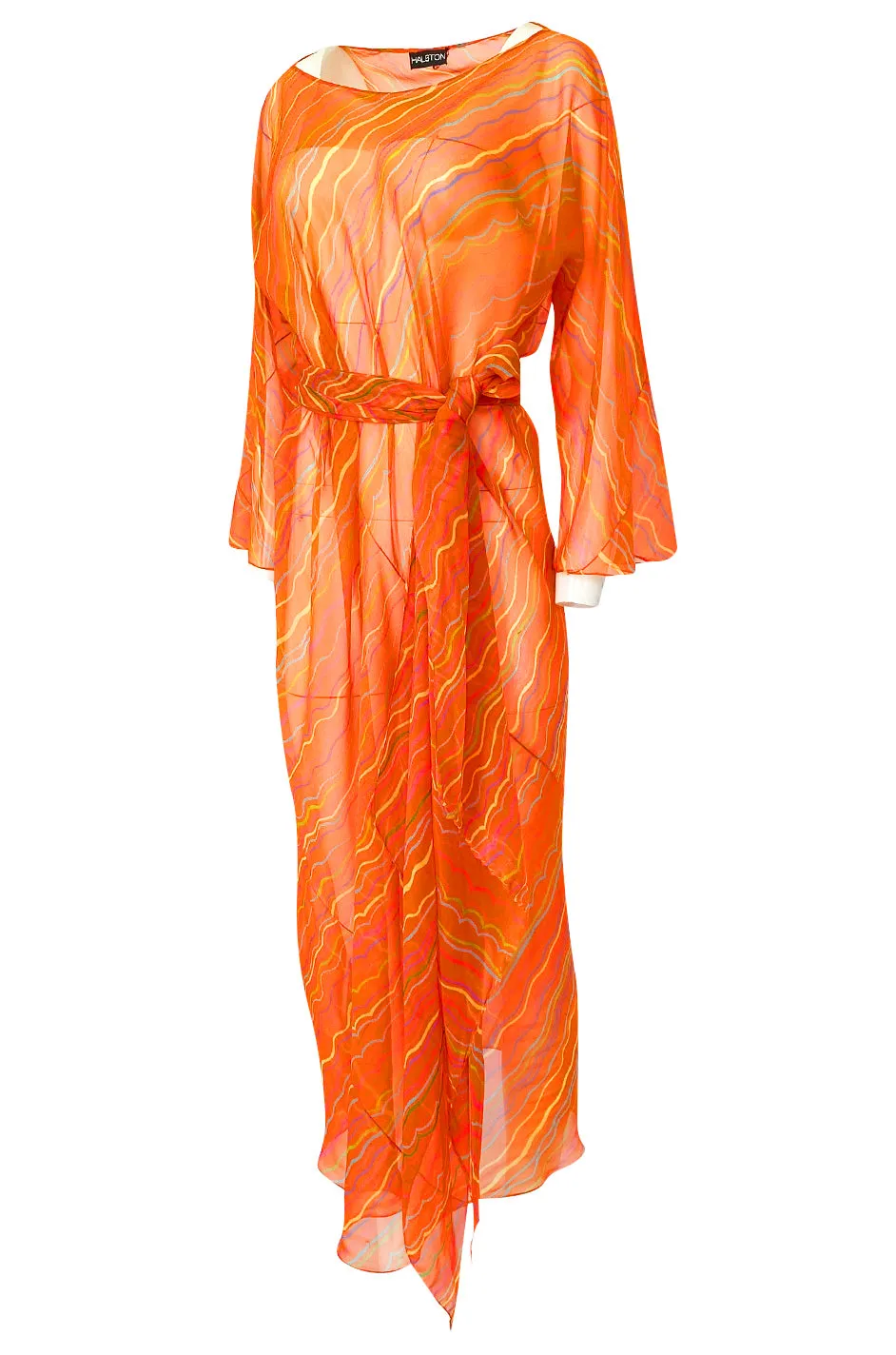 Spring 1973 Halston Bright Tangerine Striped Silk Chiffon Caftan w Sash