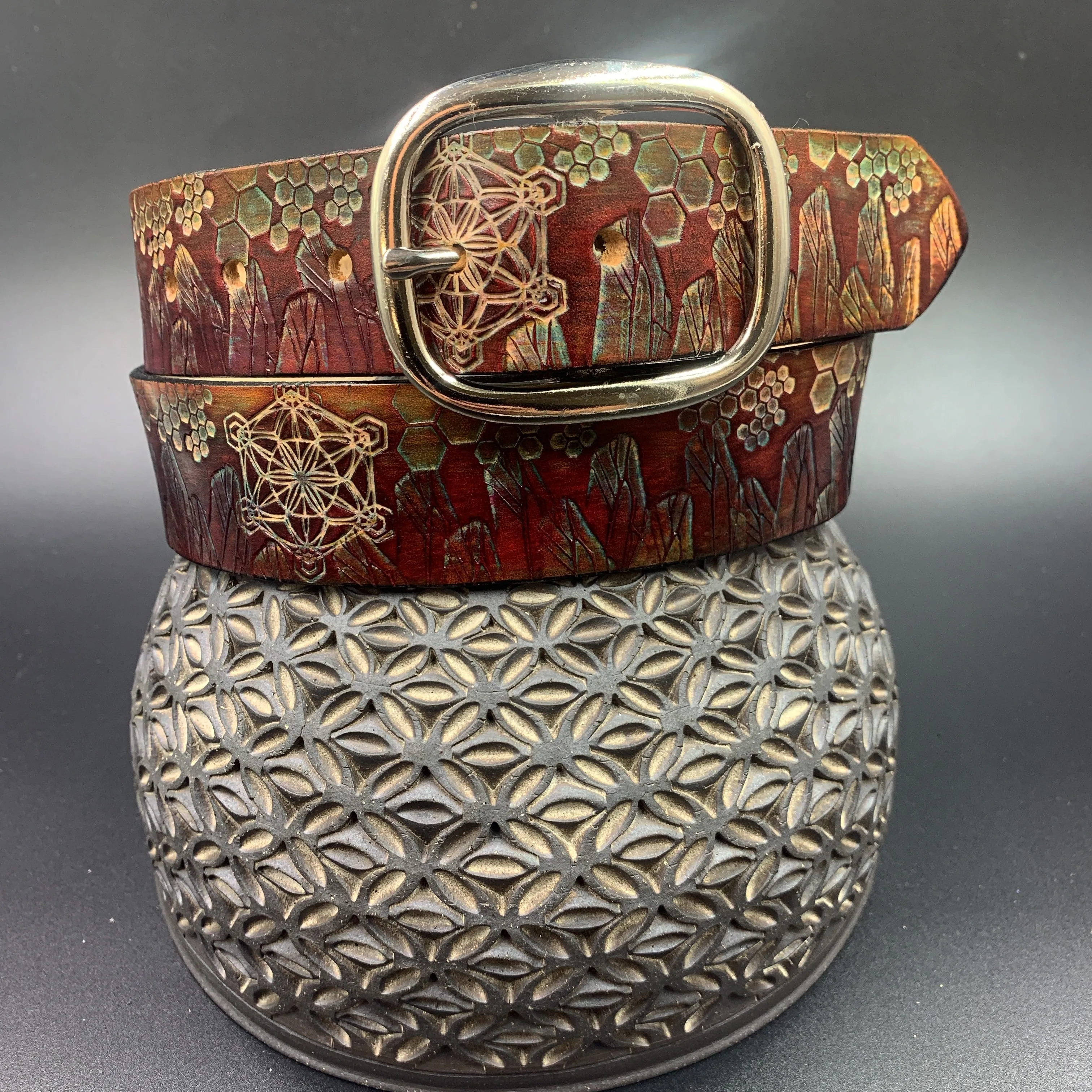 Stamped Leather Belt - Geometry and Crystals