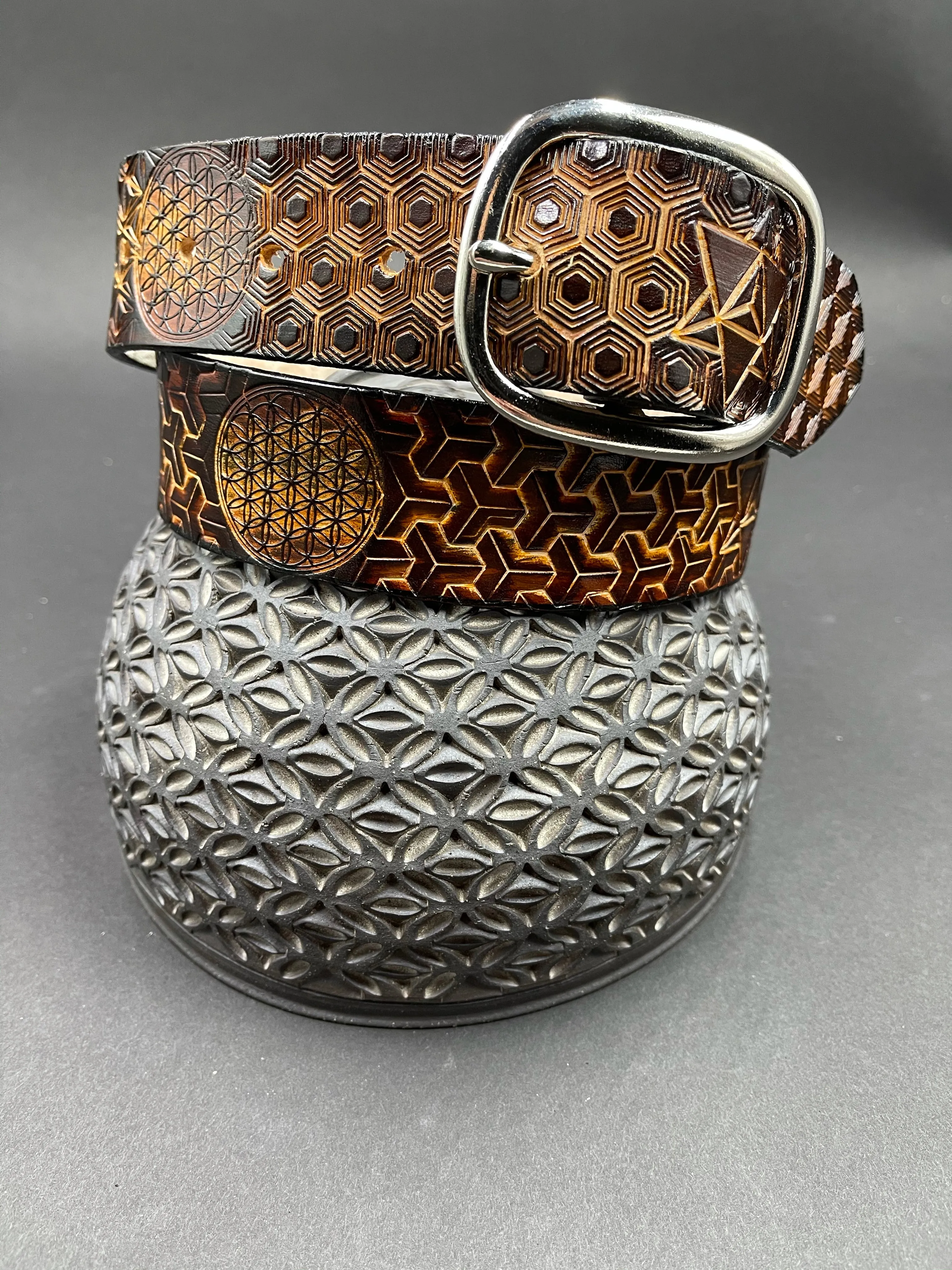 Stamped Leather Belt - Geometry with Geometric Patterns