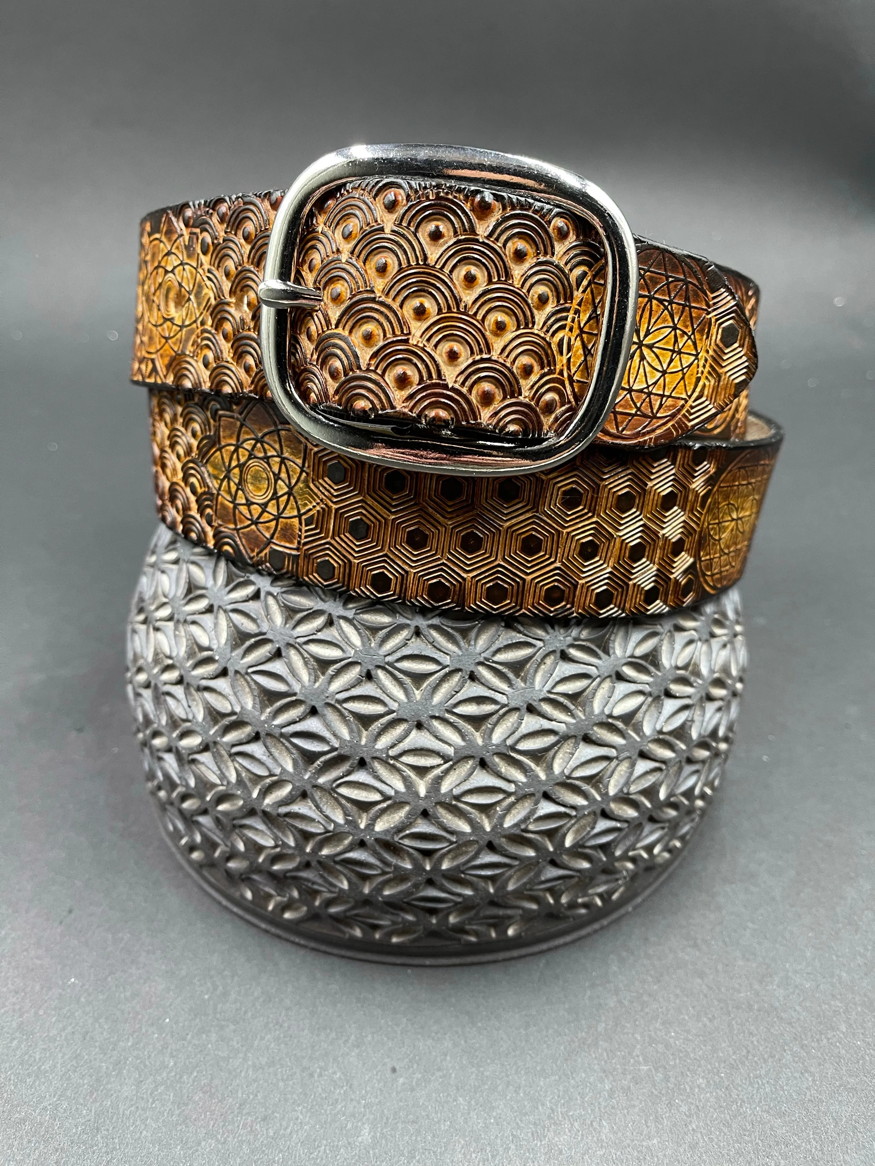 Stamped Leather Belt - Geometry with Geometric Patterns