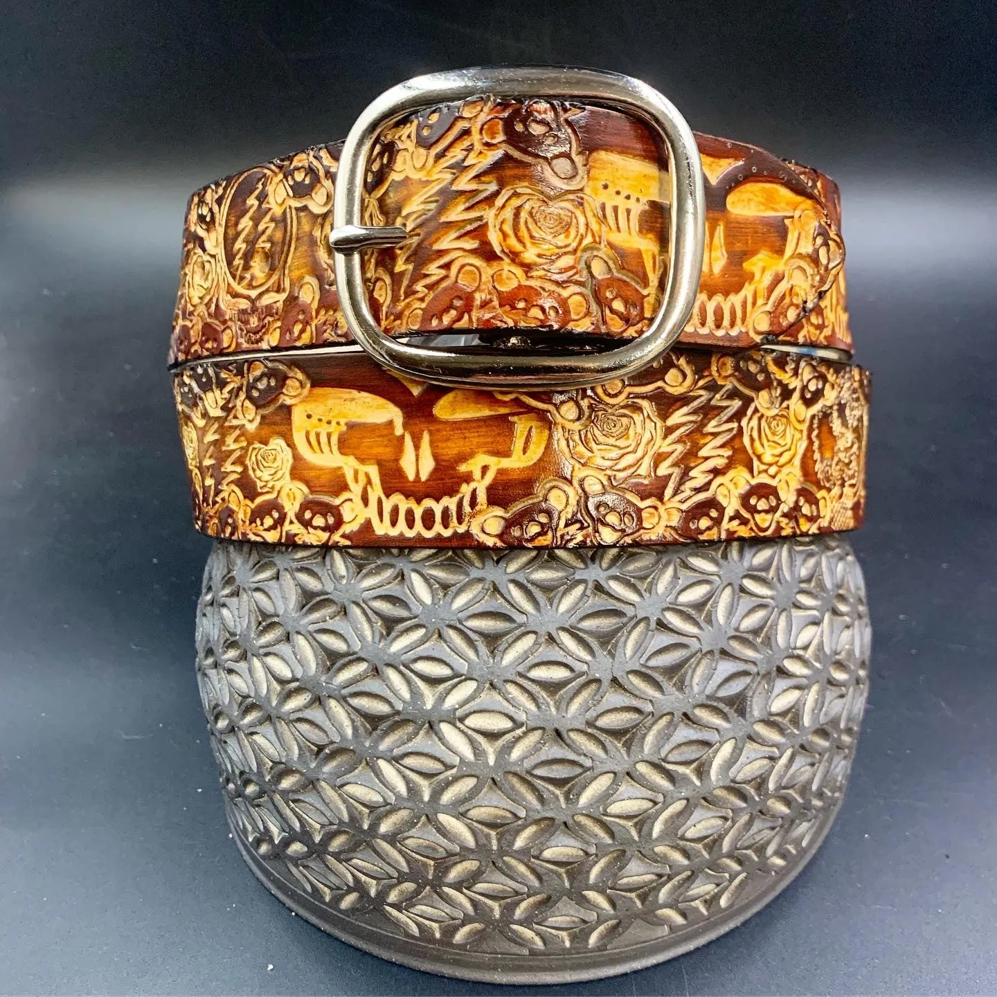 Stamped Leather Belt - Grateful Large Stealie