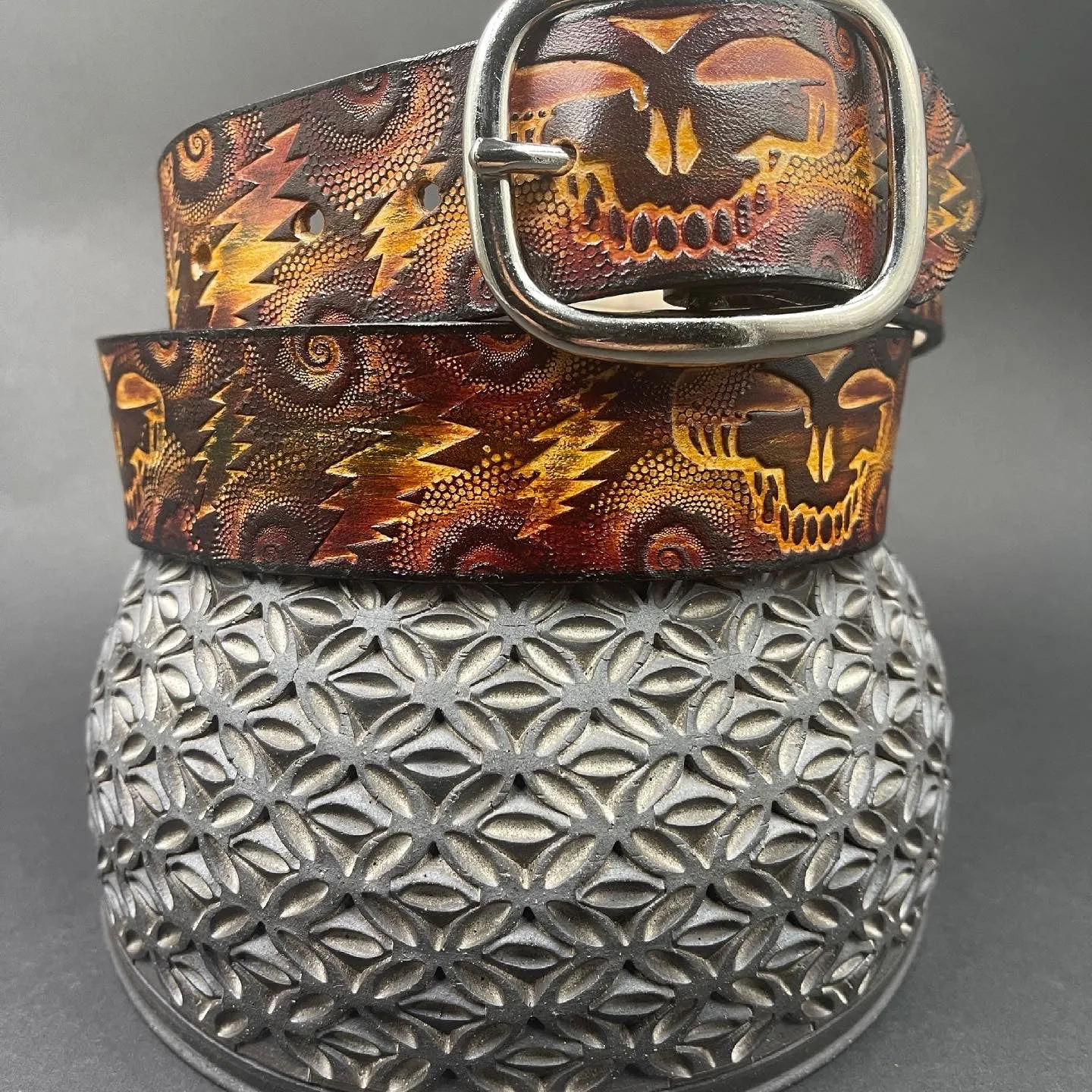 Stamped Leather Belt - Grateful Large Stealie