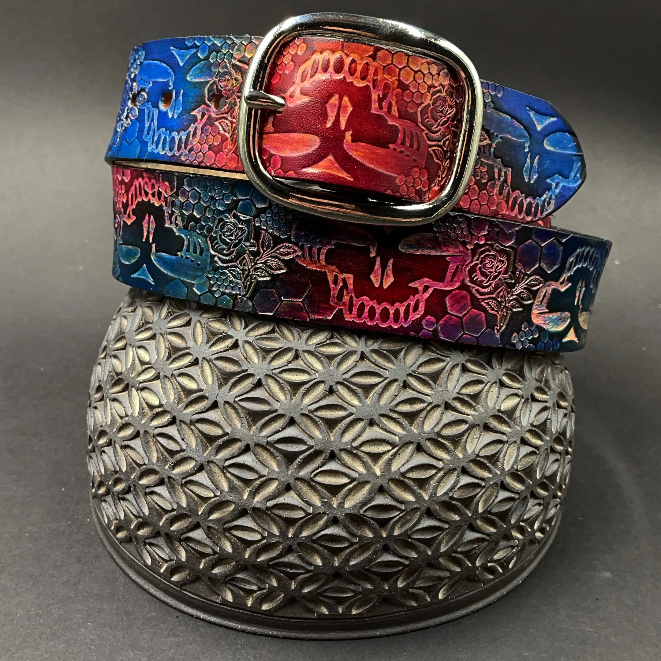 Stamped Leather Belt - Grateful Large Stealie