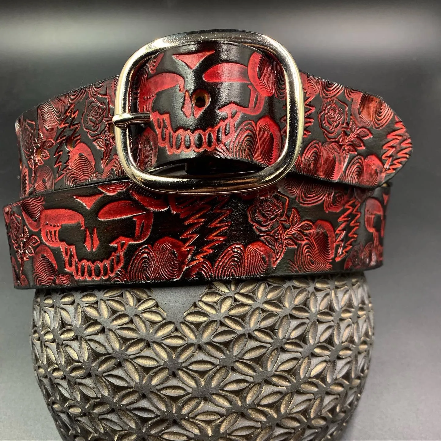Stamped Leather Belt - Grateful Large Stealie