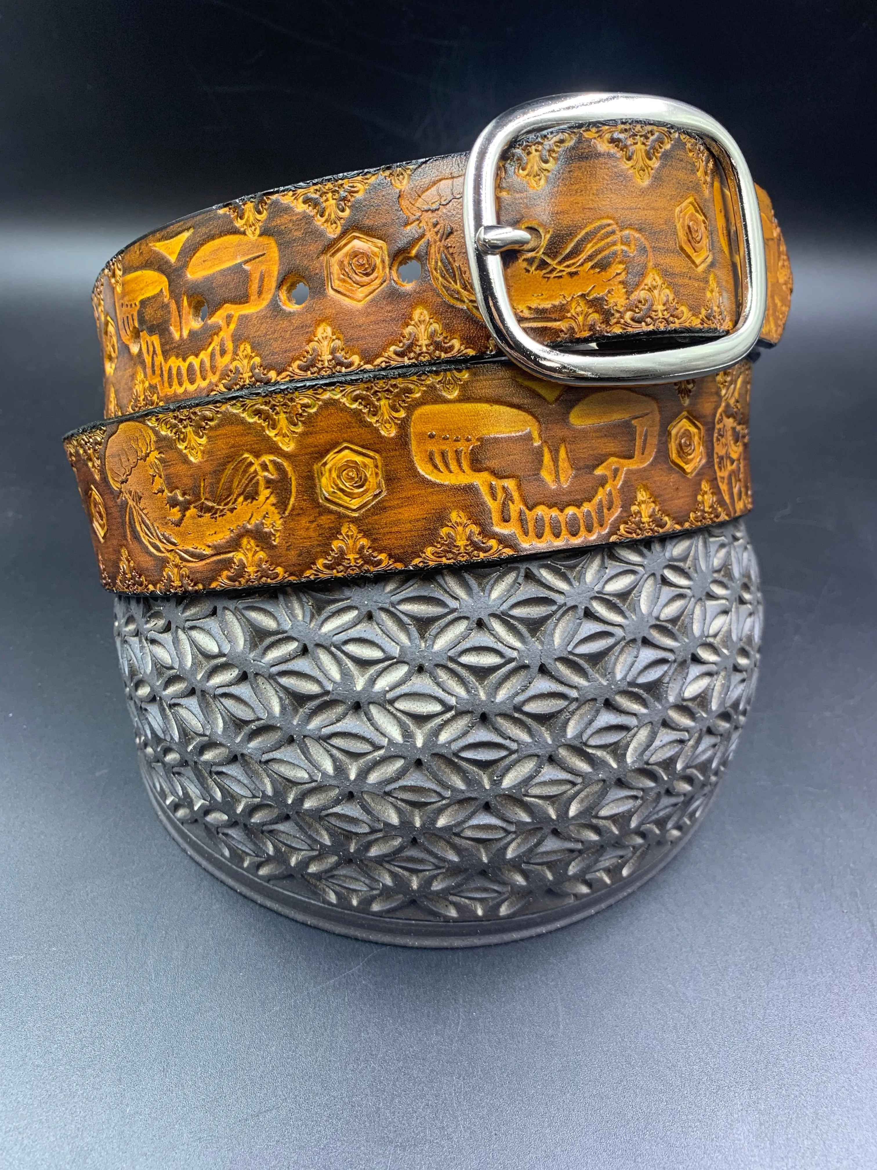 Stamped Leather Belt - Grateful Large Stealie
