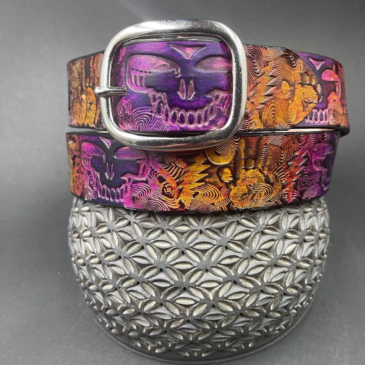 Stamped Leather Belt - Grateful Large Stealie