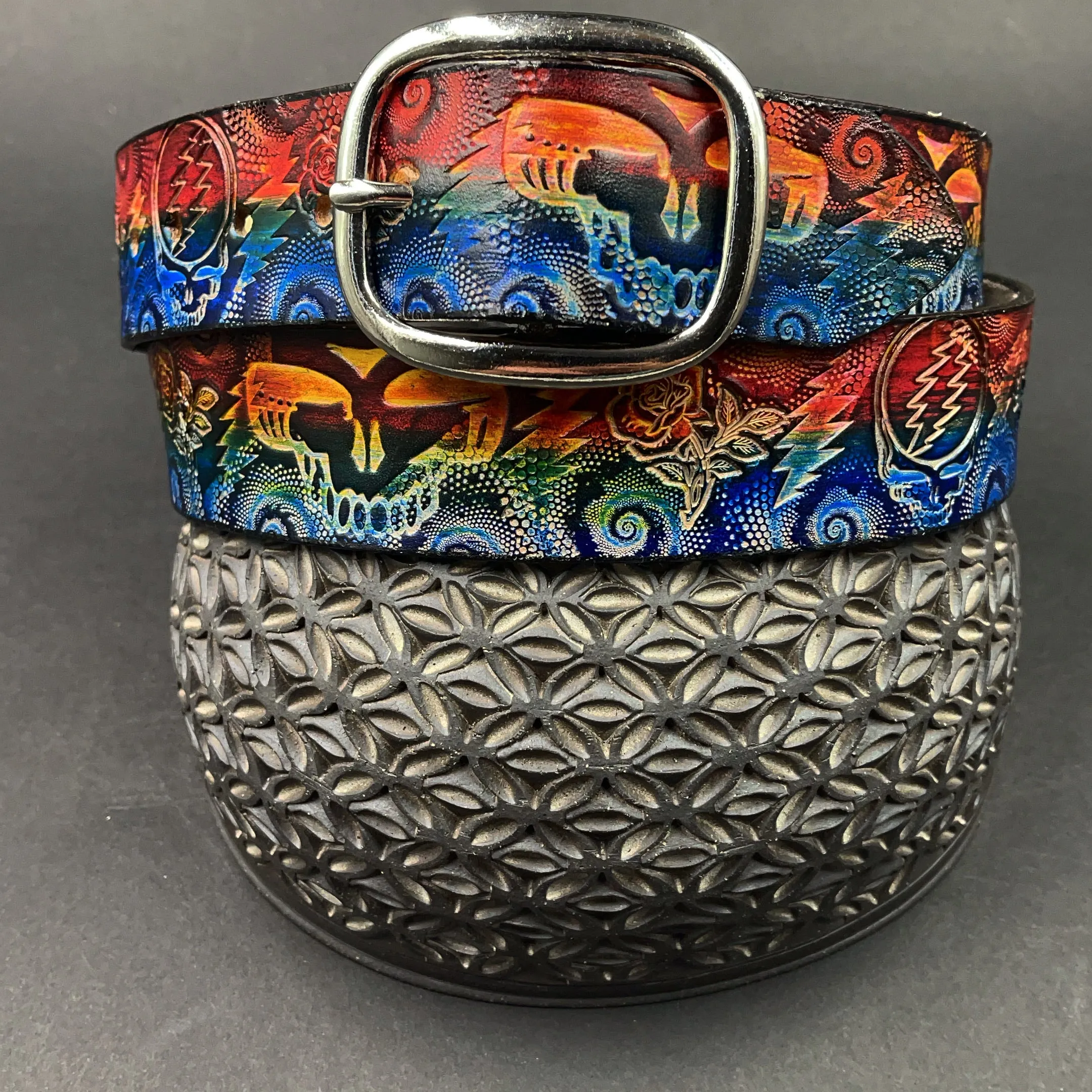 Stamped Leather Belt - Grateful Large Stealie