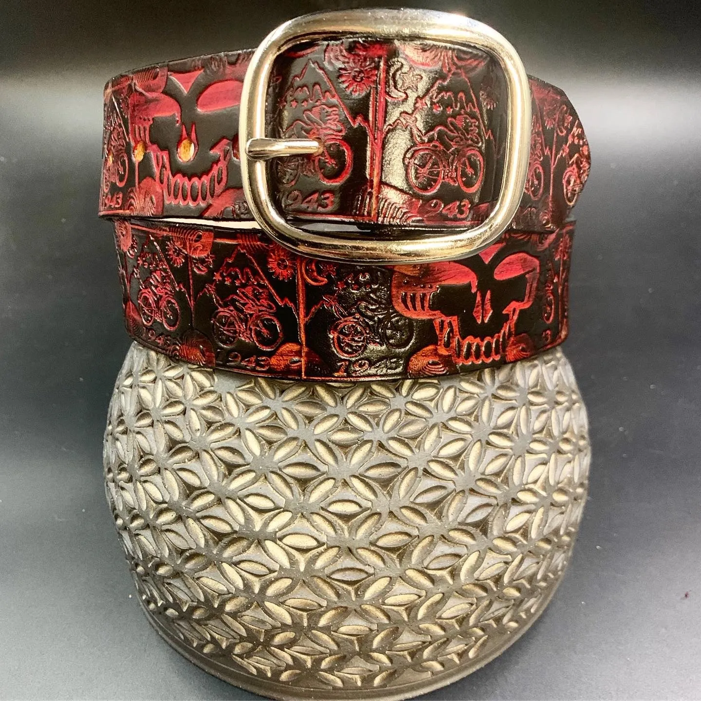 Stamped Leather Belt - Grateful Large Stealie