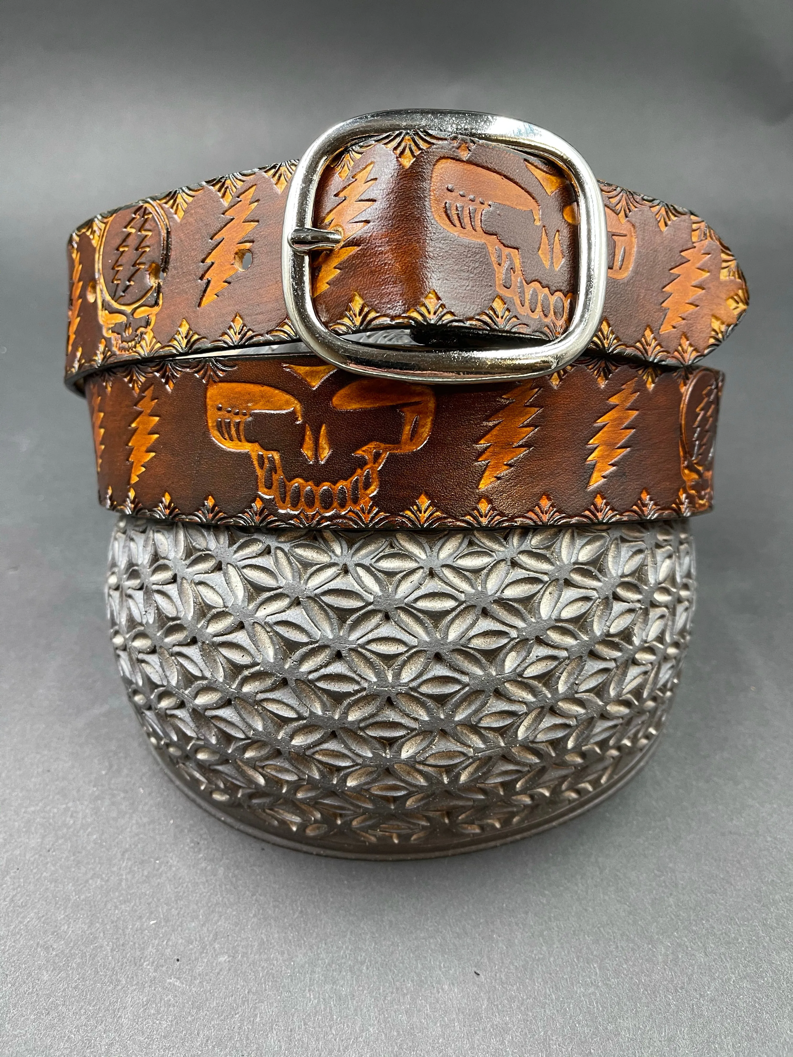Stamped Leather Belt - Grateful Large Stealie