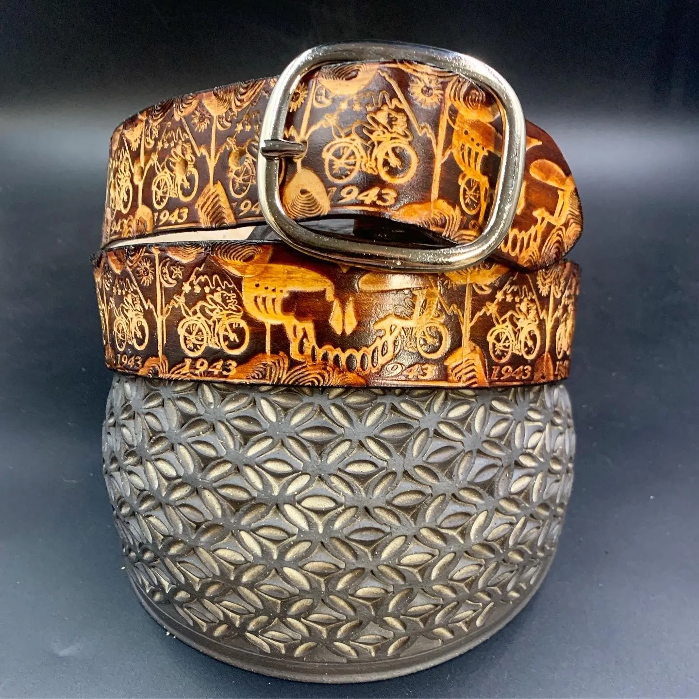Stamped Leather Belt - Grateful Large Stealie