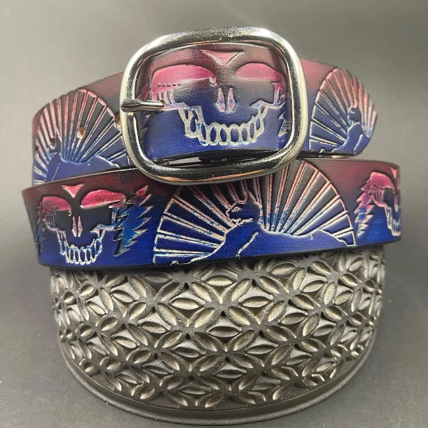Stamped Leather Belt - Grateful Large Stealie