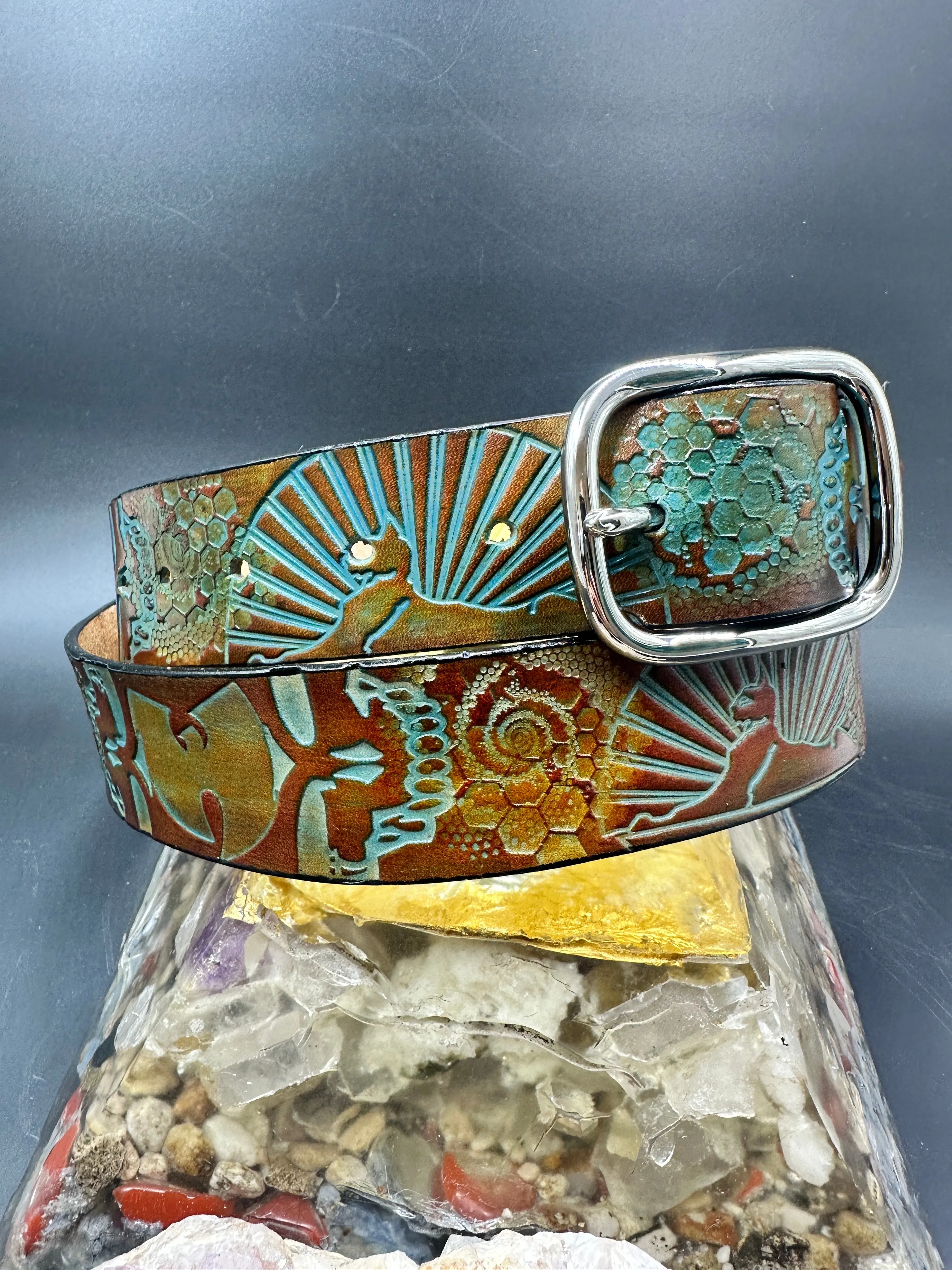 Stamped Leather Belt - Grateful Large Stealie