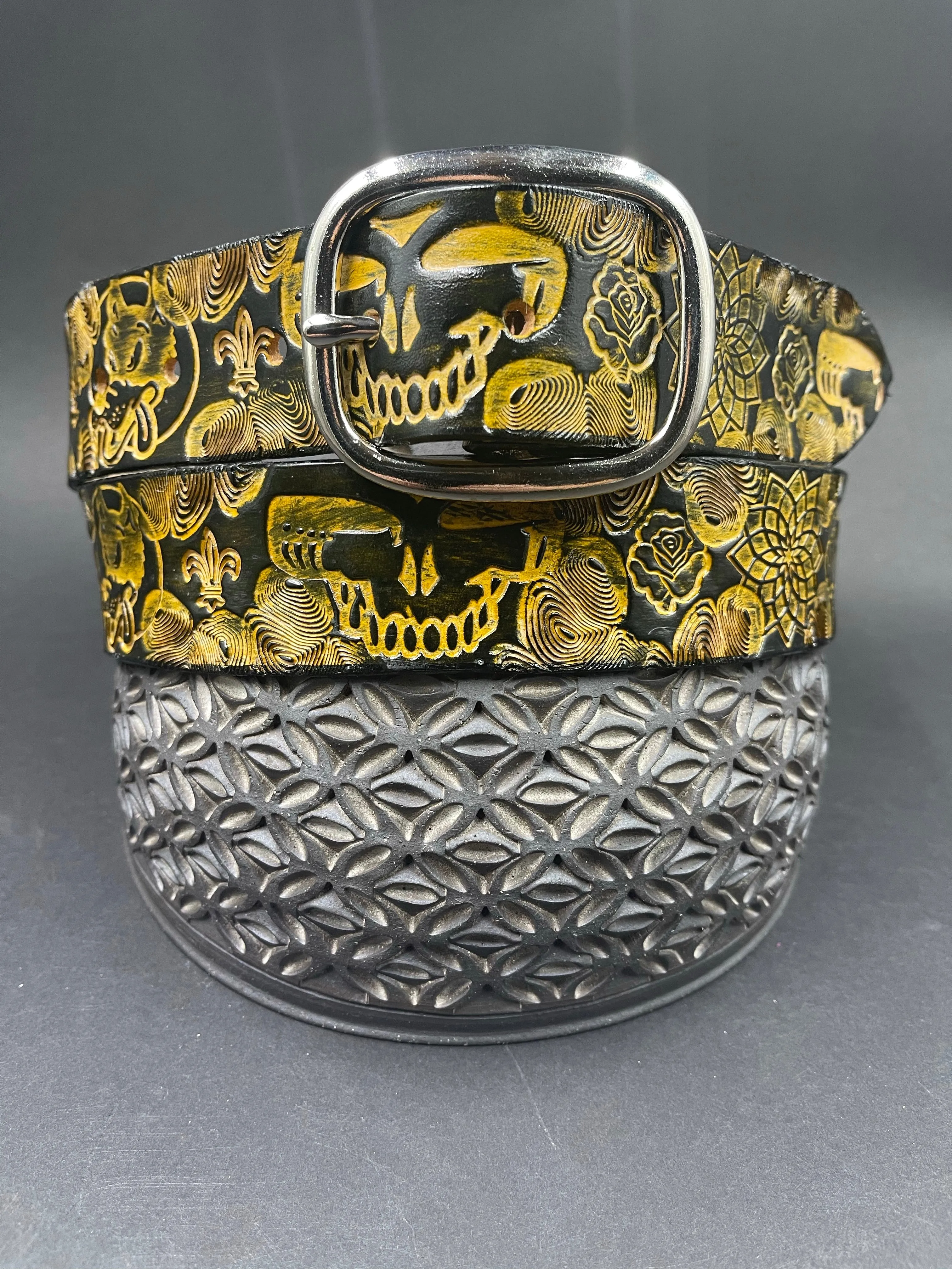 Stamped Leather Belt - Grateful Large Stealie