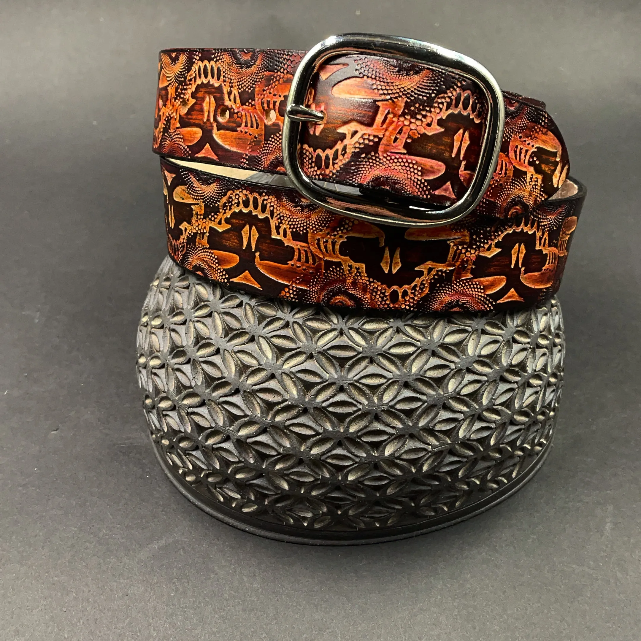 Stamped Leather Belt - Grateful Large Stealie