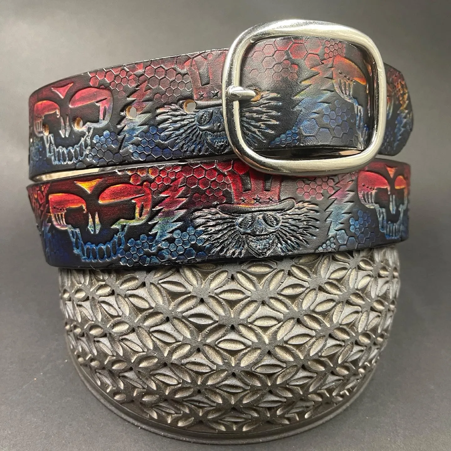 Stamped Leather Belt - Grateful Large Stealie