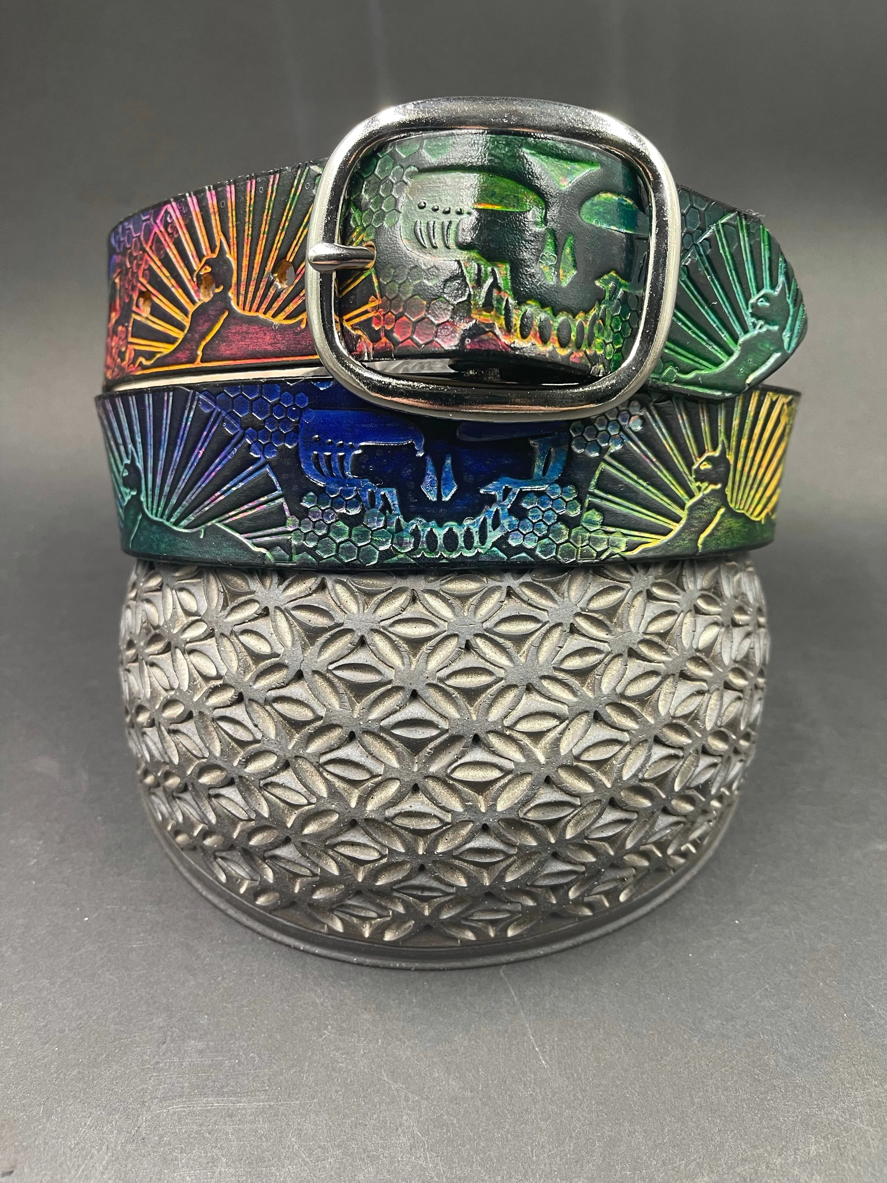 Stamped Leather Belt - Grateful Large Stealie