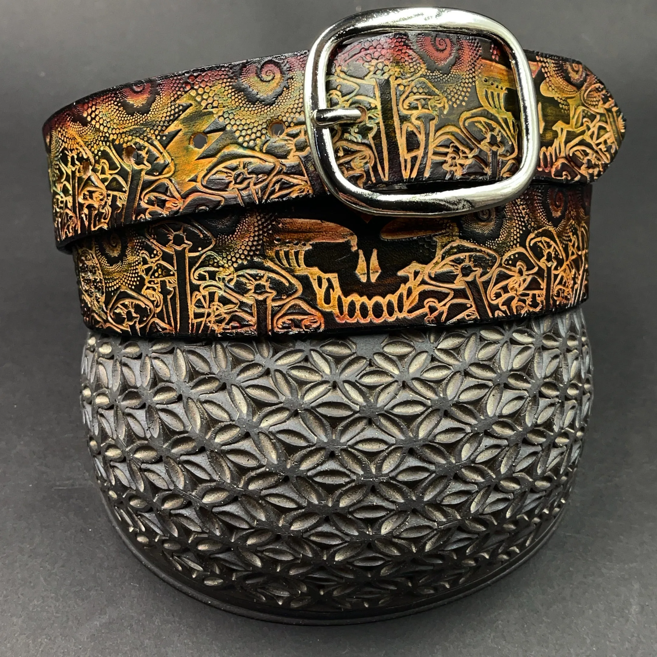 Stamped Leather Belt - Grateful Mushrooms 1.0