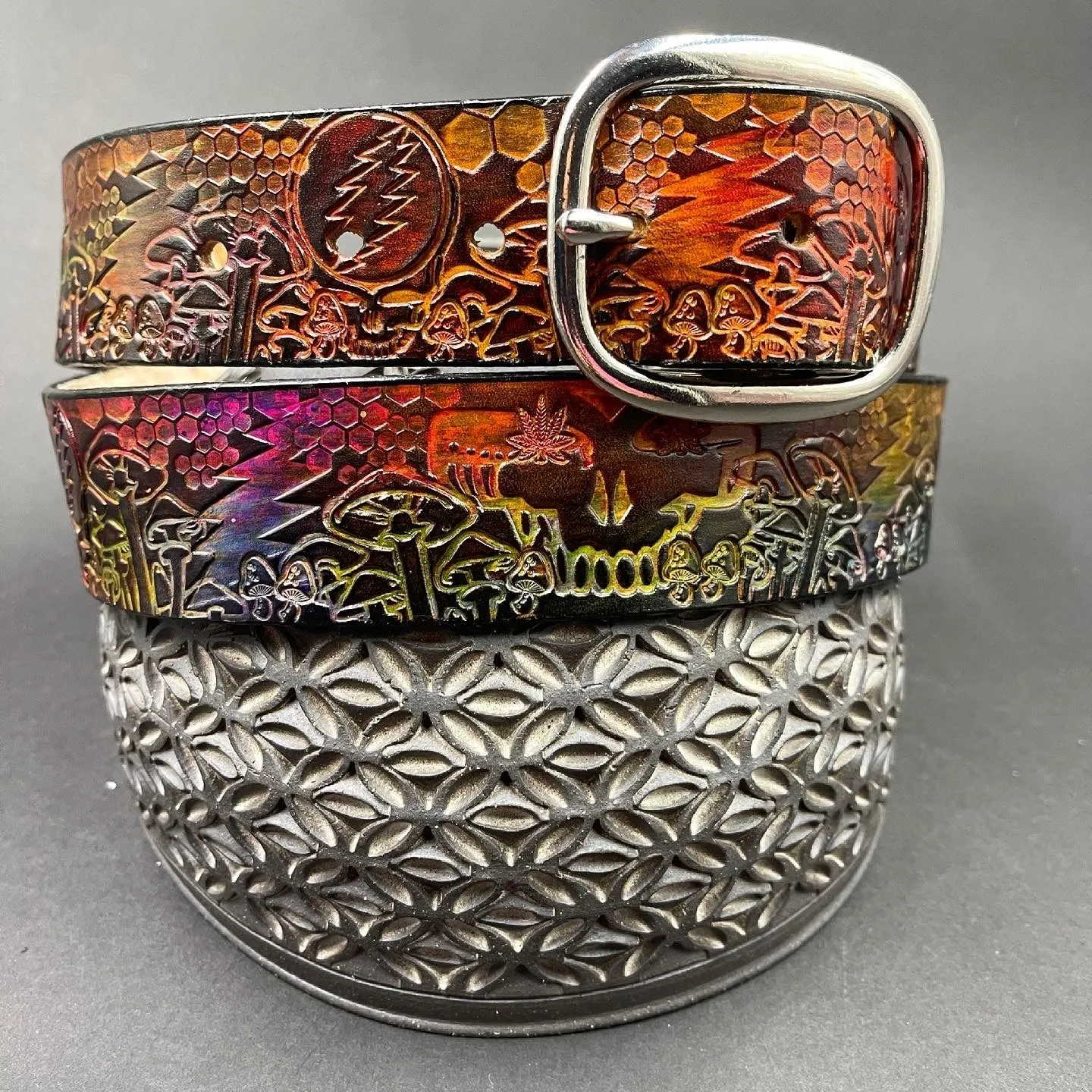 Stamped Leather Belt - Grateful Mushrooms 1.0