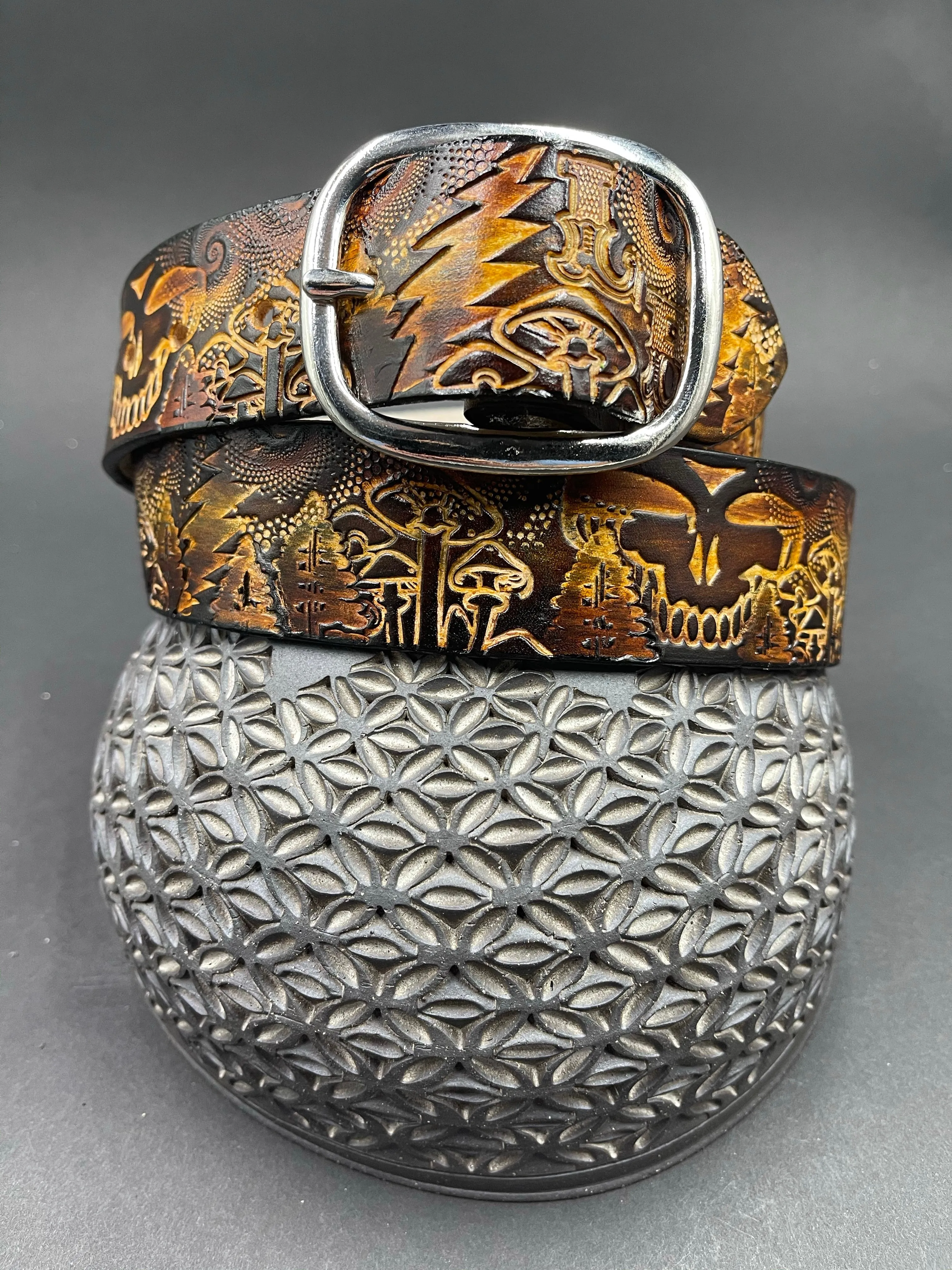 Stamped Leather Belt - Grateful Mushrooms 1.0