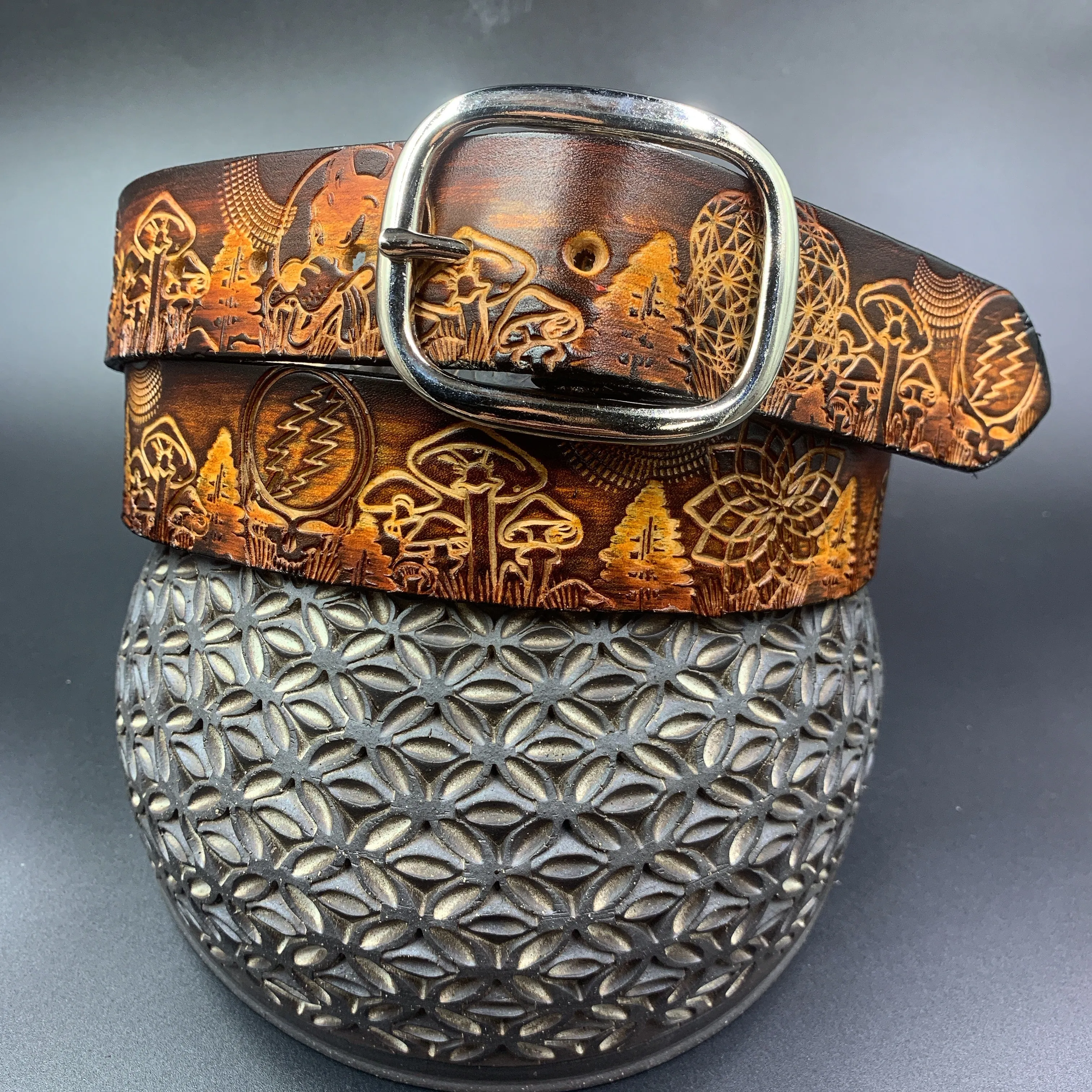 Stamped Leather Belt - Grateful Mushrooms 1.0
