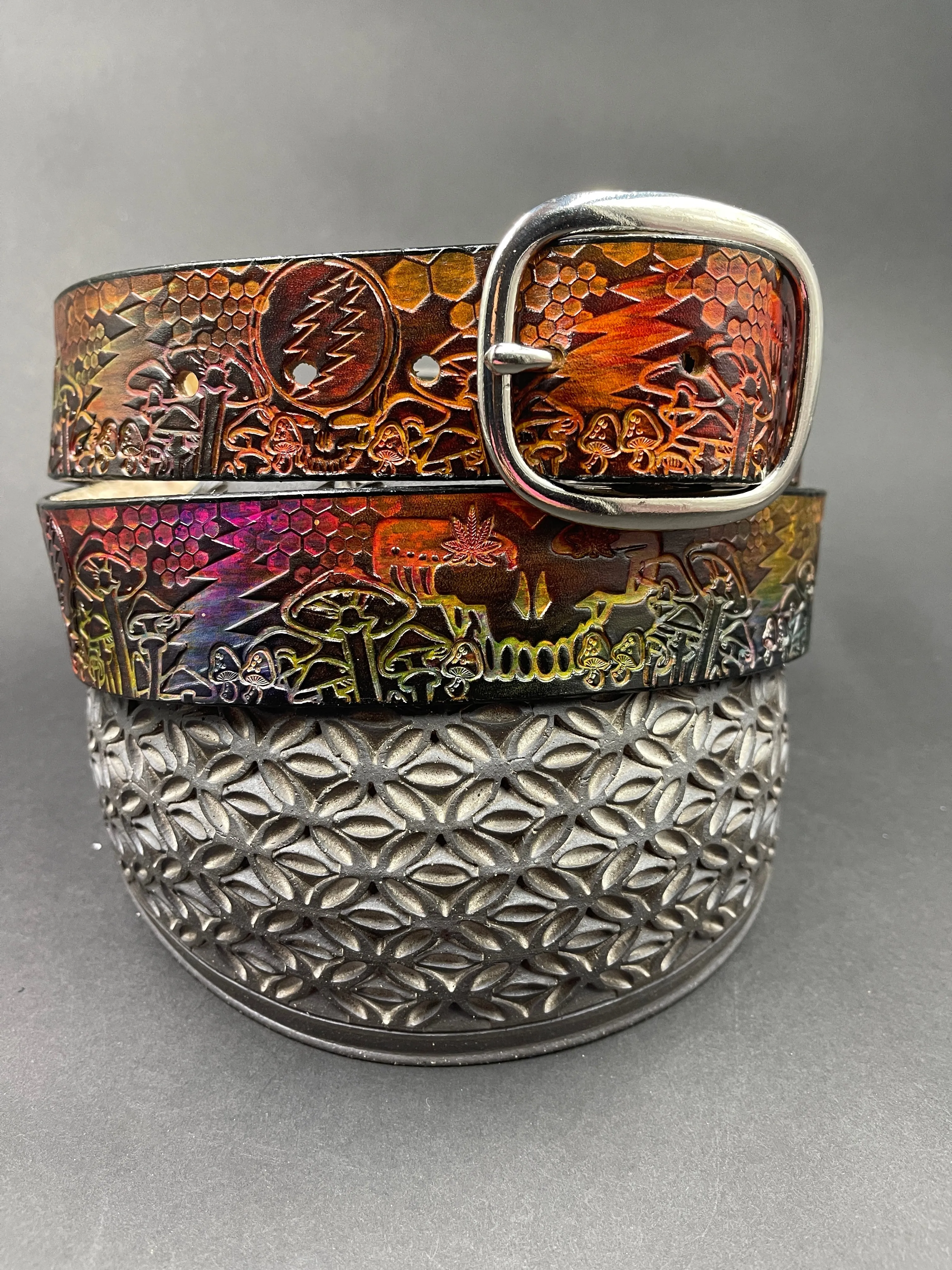 Stamped Leather Belt - Grateful Mushrooms 1.0