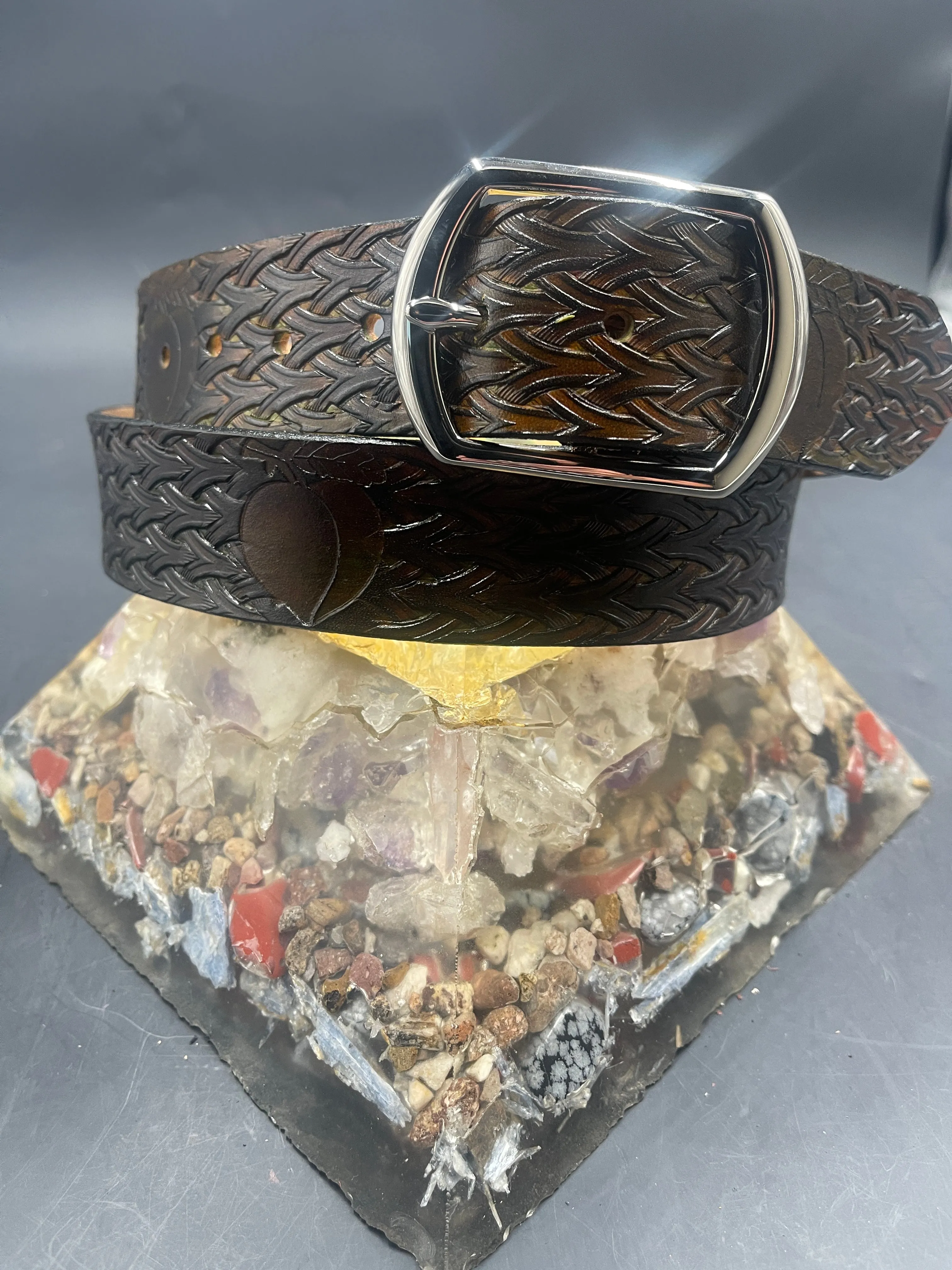 Stamped Leather Belt - Neo Basket Weave