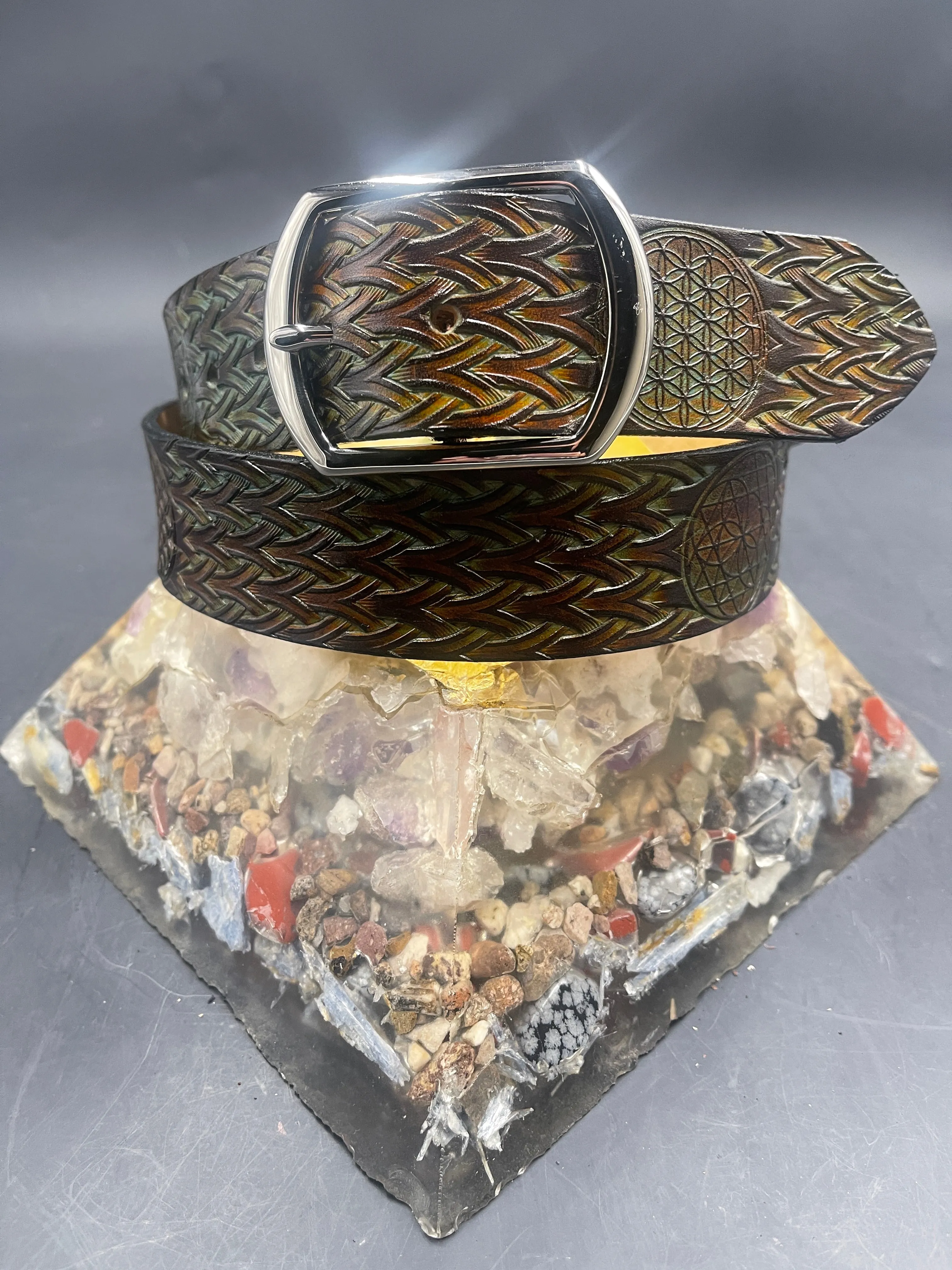 Stamped Leather Belt - Neo Basket Weave