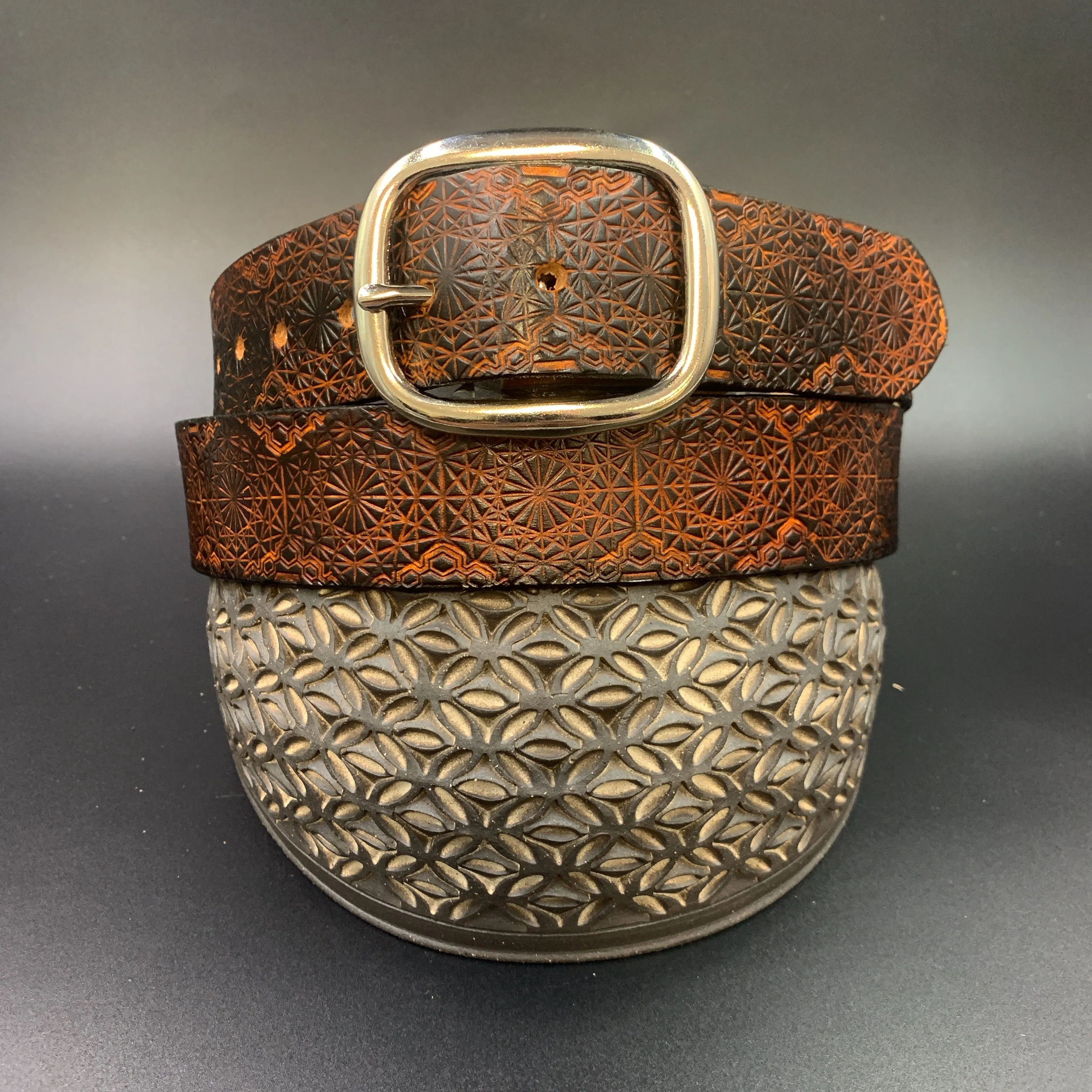 Stamped Leather Belt - Repeating Octagon Pattern