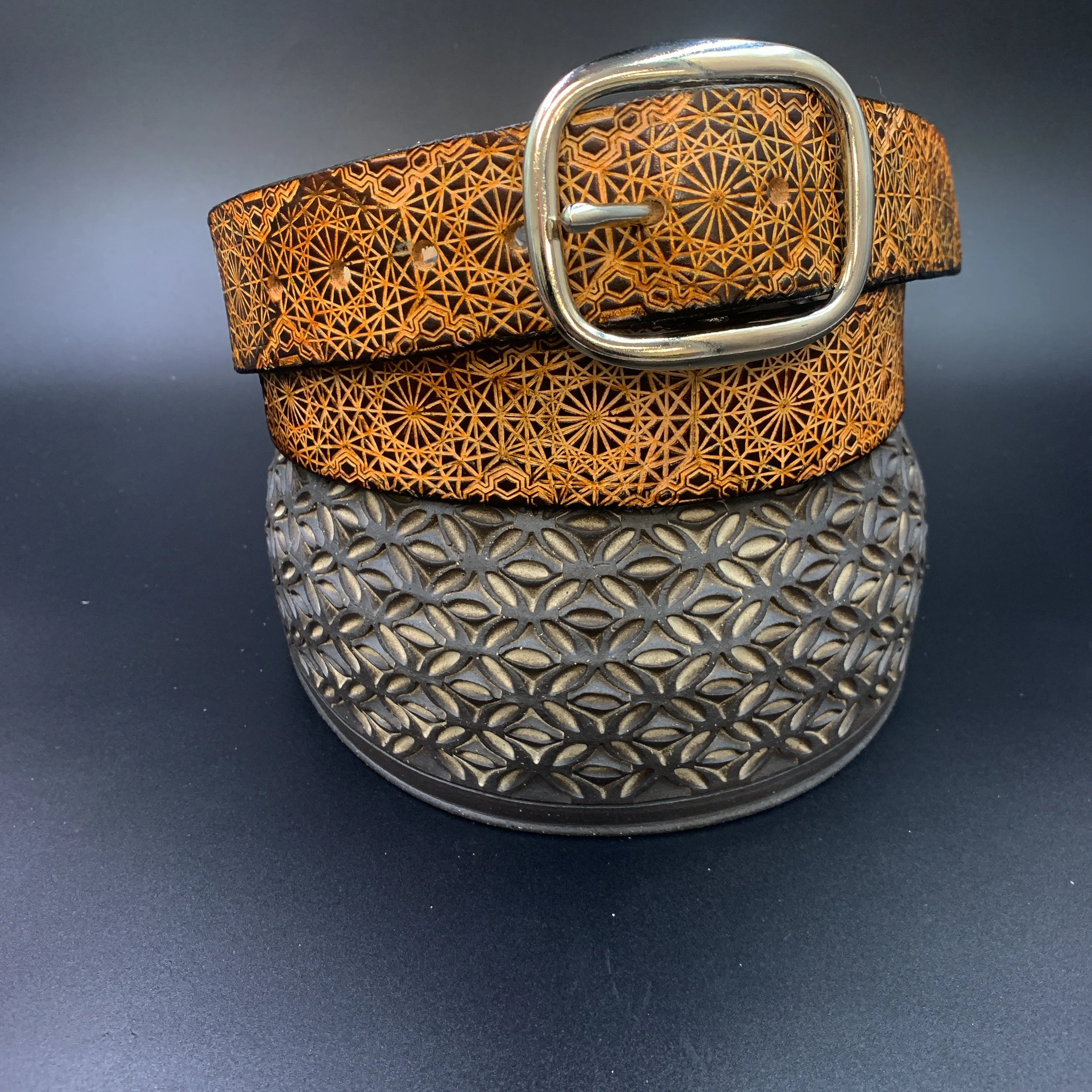 Stamped Leather Belt - Repeating Octagon Pattern