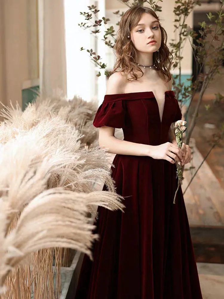 Stunning Evening Dress A Line Off The Shoulder Short Sleeves Floor Length Laceup Pockets Velour Formal Dinner Dresses