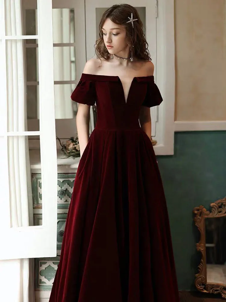 Stunning Evening Dress A Line Off The Shoulder Short Sleeves Floor Length Laceup Pockets Velour Formal Dinner Dresses