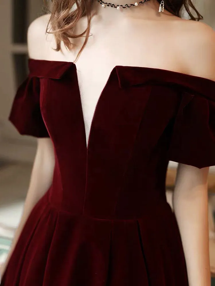 Stunning Evening Dress A Line Off The Shoulder Short Sleeves Floor Length Laceup Pockets Velour Formal Dinner Dresses
