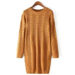 Stylish Round Collar Long Sleeves Solid Color Twist Braided Women's Sweater Dress - Khaki One Size(fit Size Xs To M)