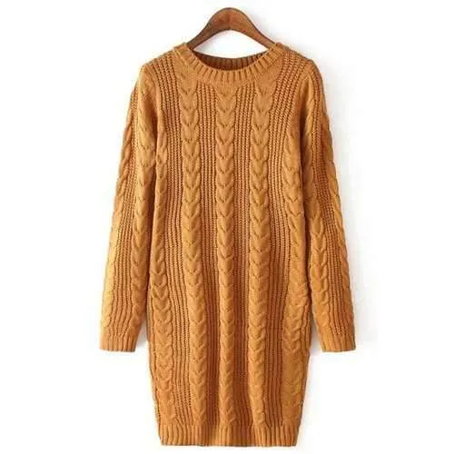 Stylish Round Collar Long Sleeves Solid Color Twist Braided Women's Sweater Dress - Khaki One Size(fit Size Xs To M)