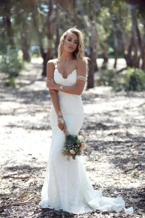 Summer Beach Spaghettis Straps Lace Backless Mermaid Wedding Dresses