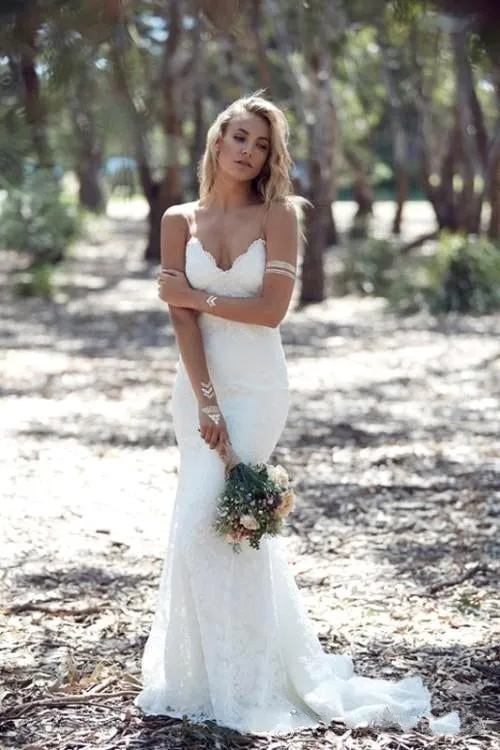 Summer Beach Spaghettis Straps Lace Backless Mermaid Wedding Dresses