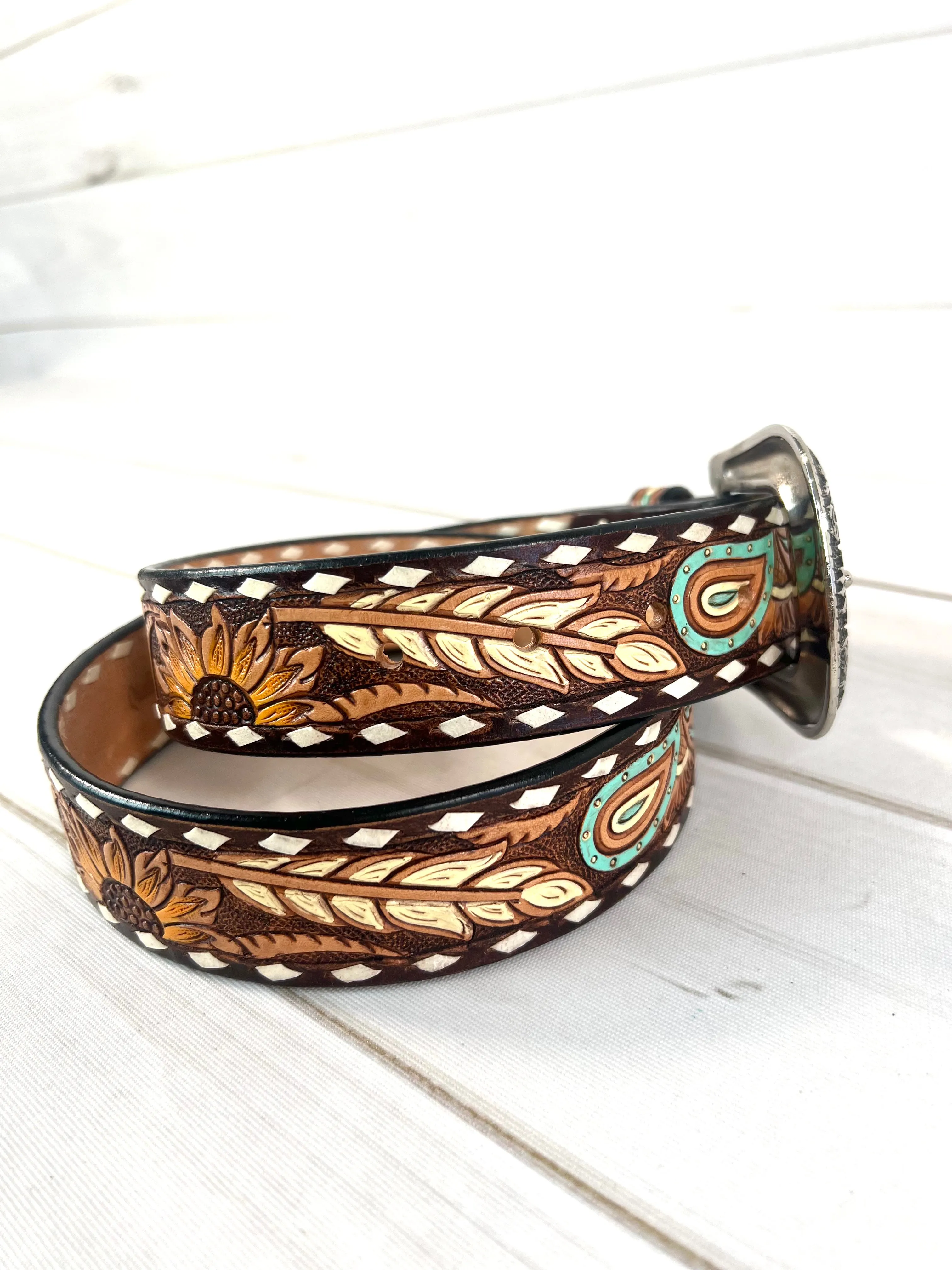 Sunflower Feather Paisley Tooled Leather Woman’s Belt