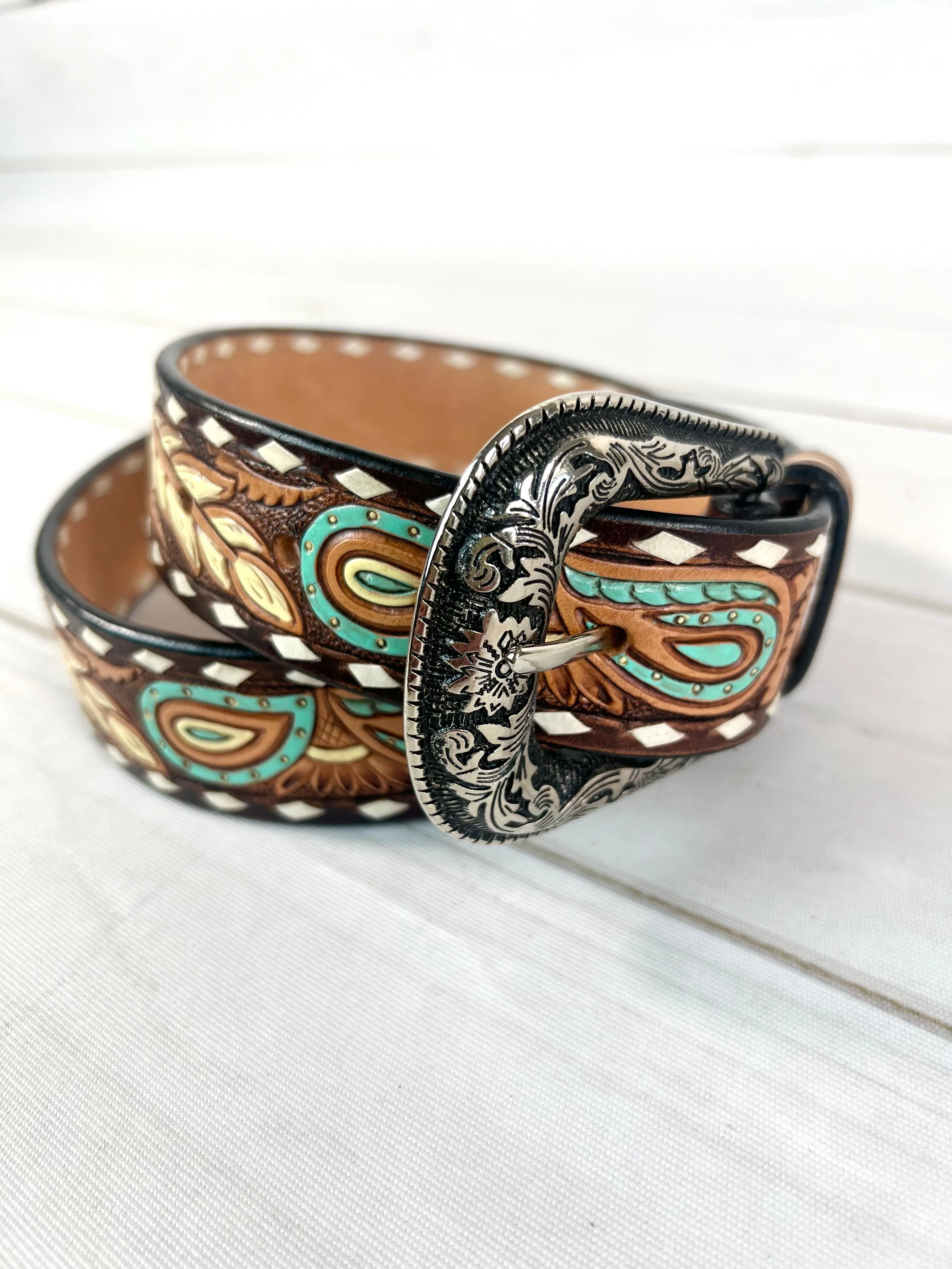 Sunflower Feather Paisley Tooled Leather Woman’s Belt