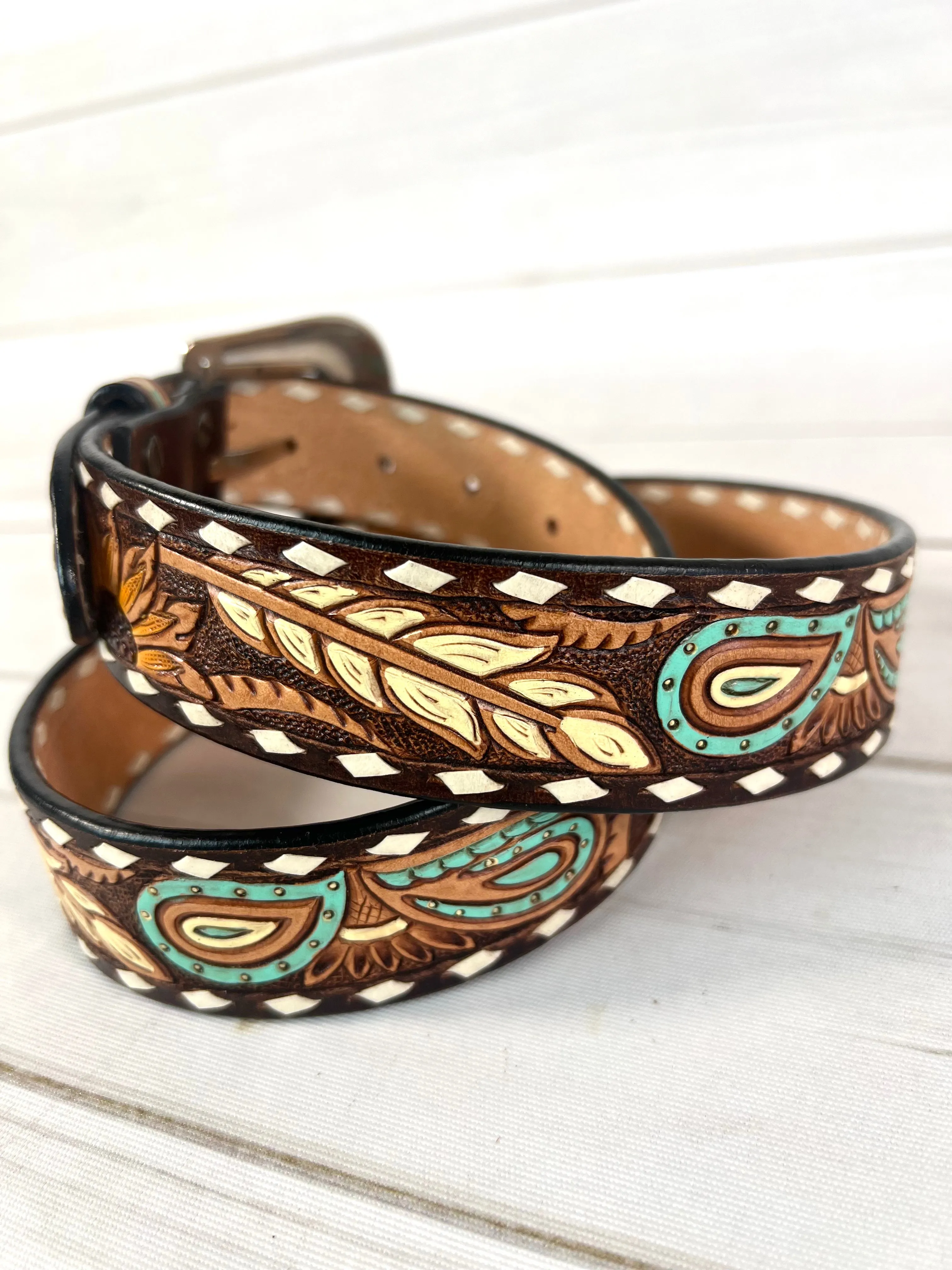 Sunflower Feather Paisley Tooled Leather Woman’s Belt