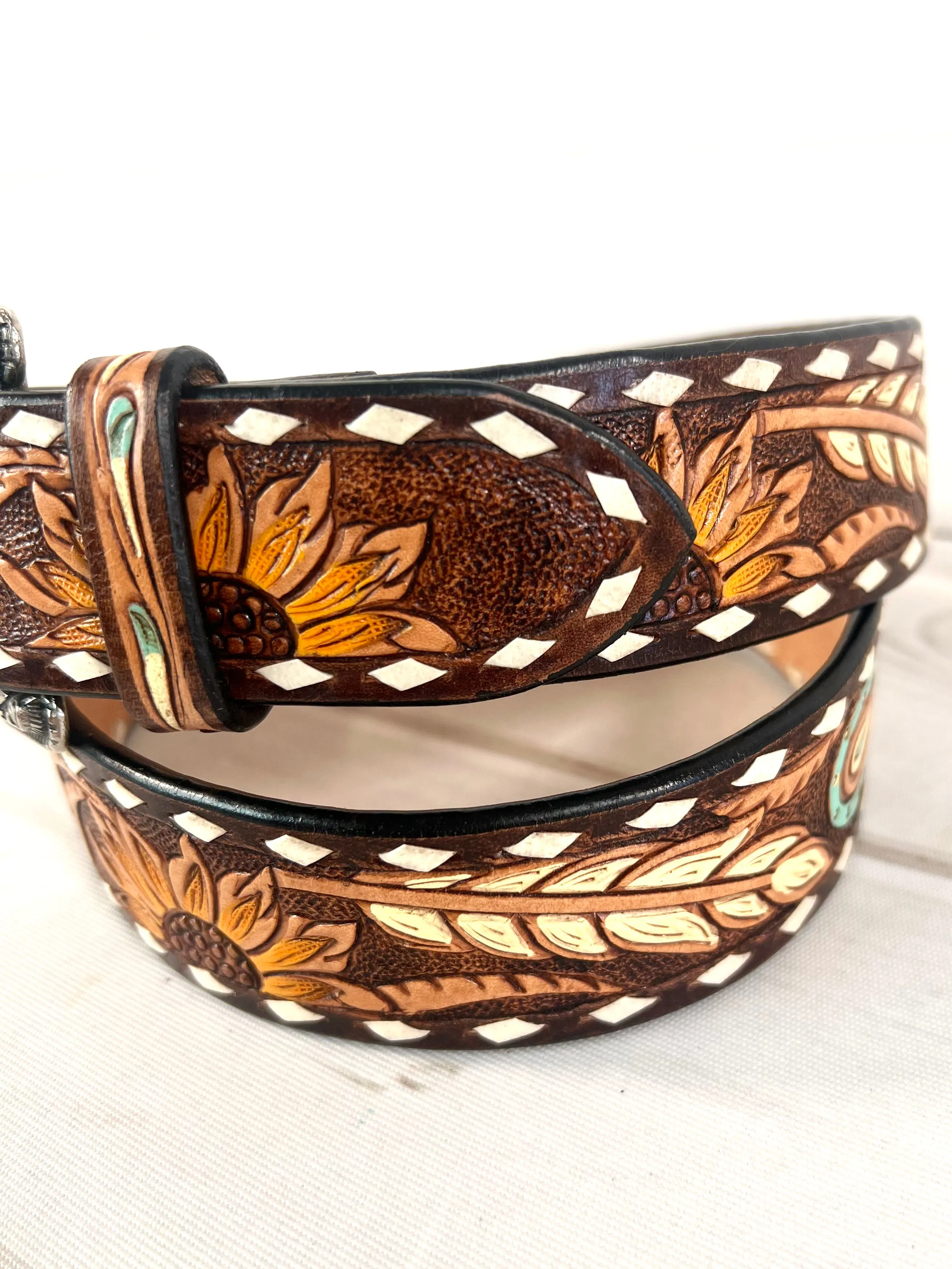 Sunflower Feather Paisley Tooled Leather Woman’s Belt