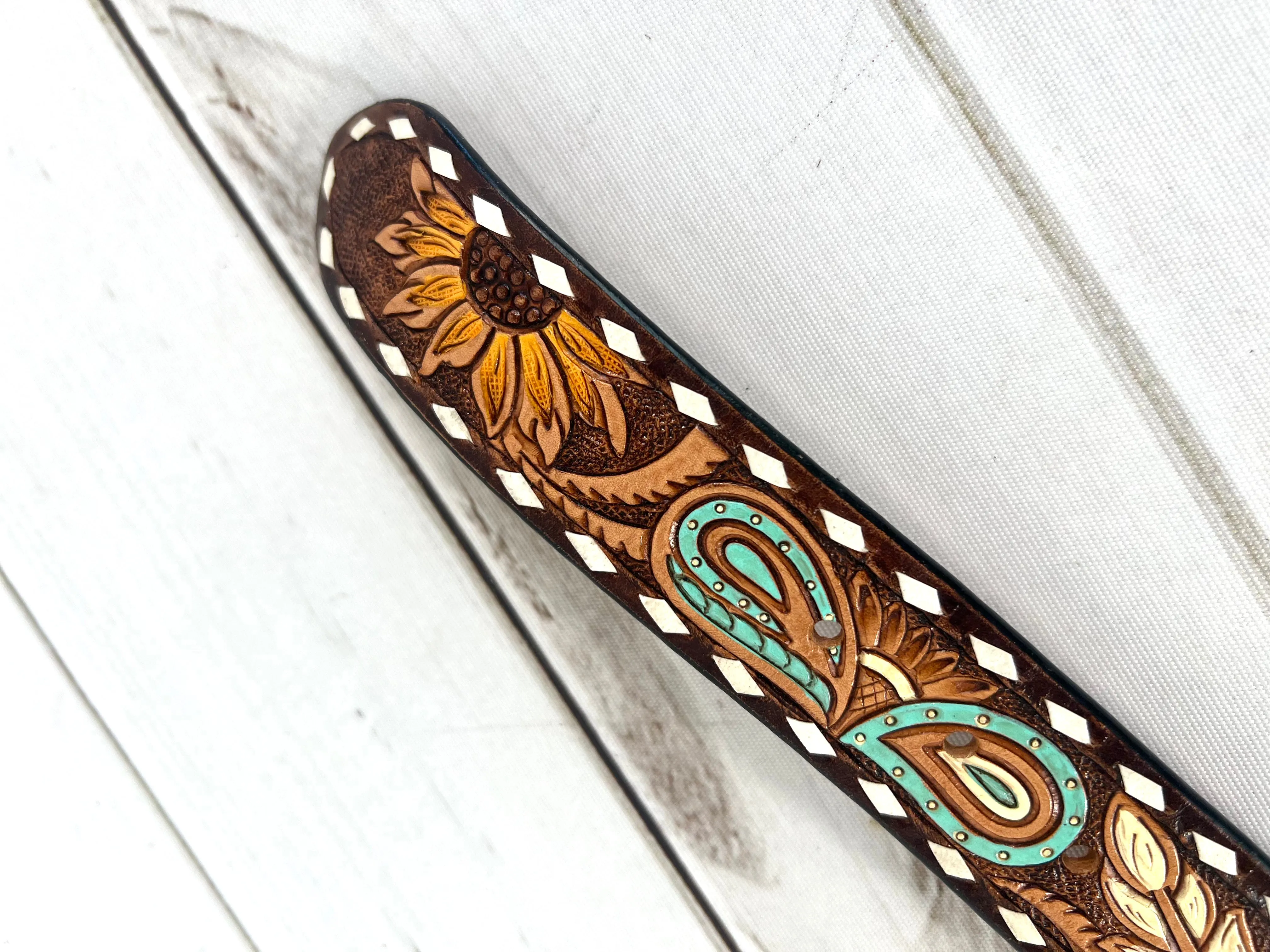 Sunflower Feather Paisley Tooled Leather Woman’s Belt