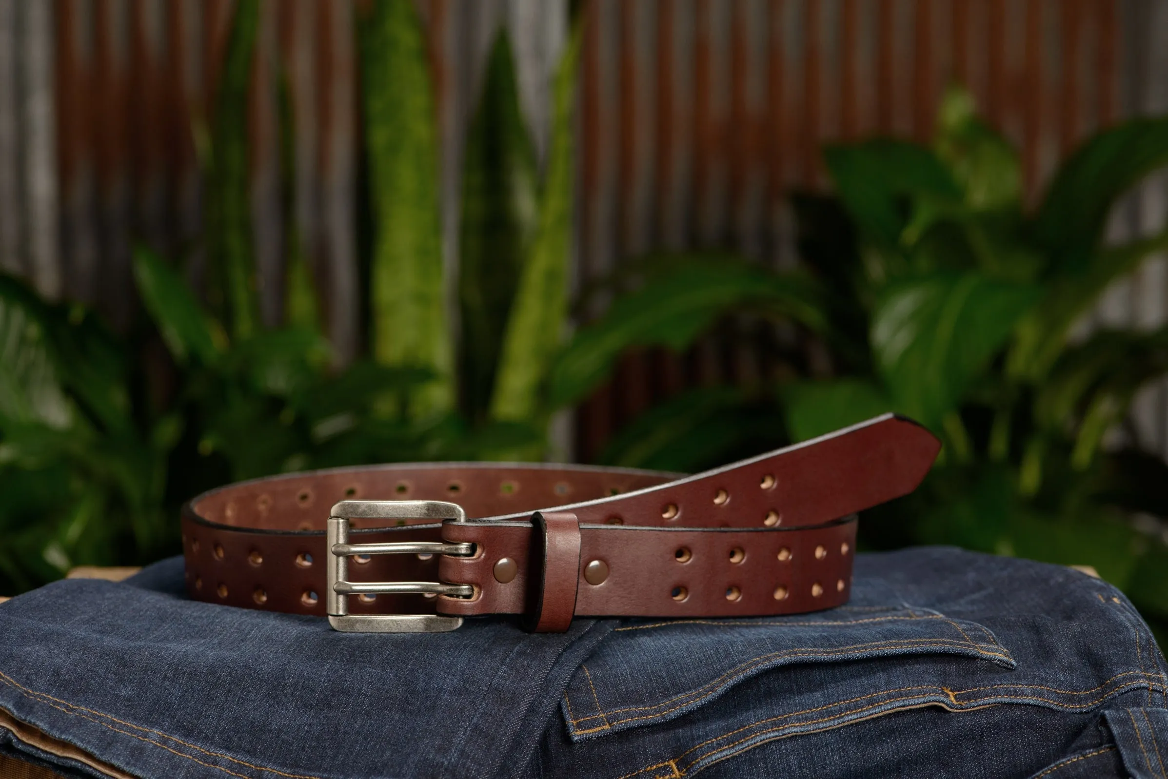 The Holey Bull: Men's Brown Non Stitched Double Prong Leather Belt With Nickel Roller 1.50"