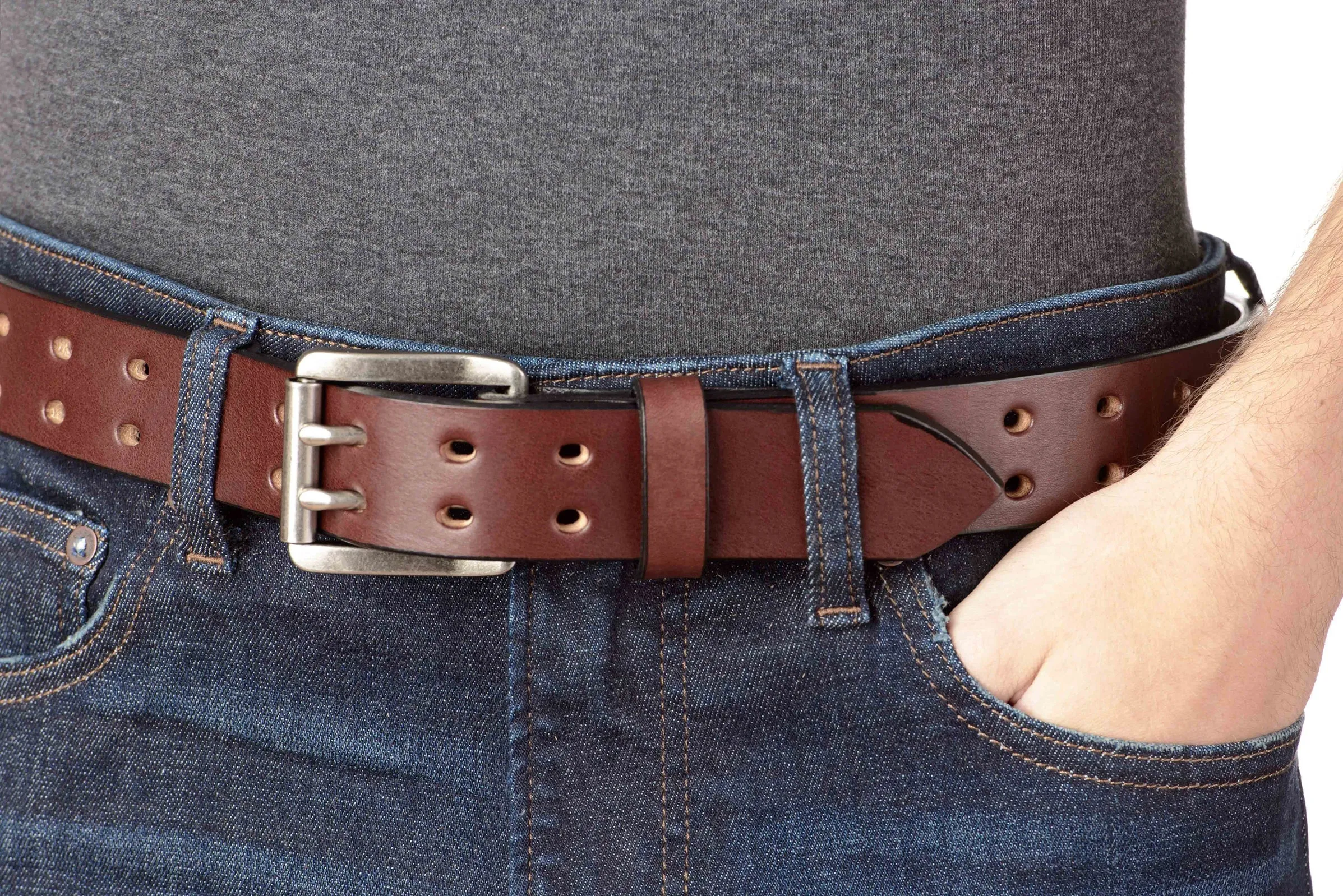 The Holey Bull: Men's Brown Non Stitched Double Prong Leather Belt With Nickel Roller 1.50"