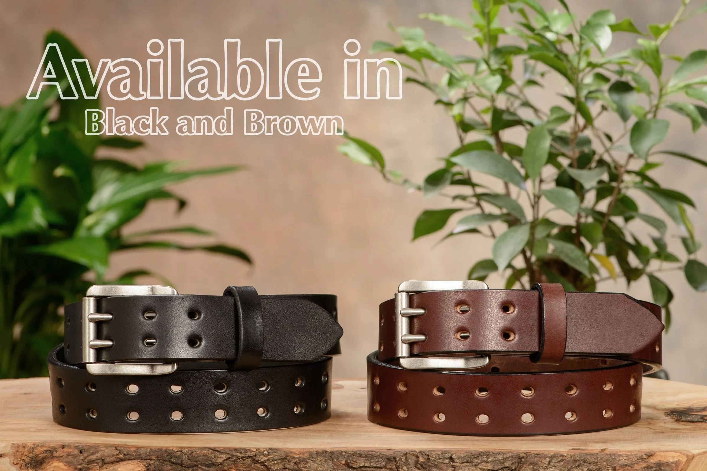 The Holey Bull: Men's Brown Non Stitched Double Prong Leather Belt With Nickel Roller 1.50"