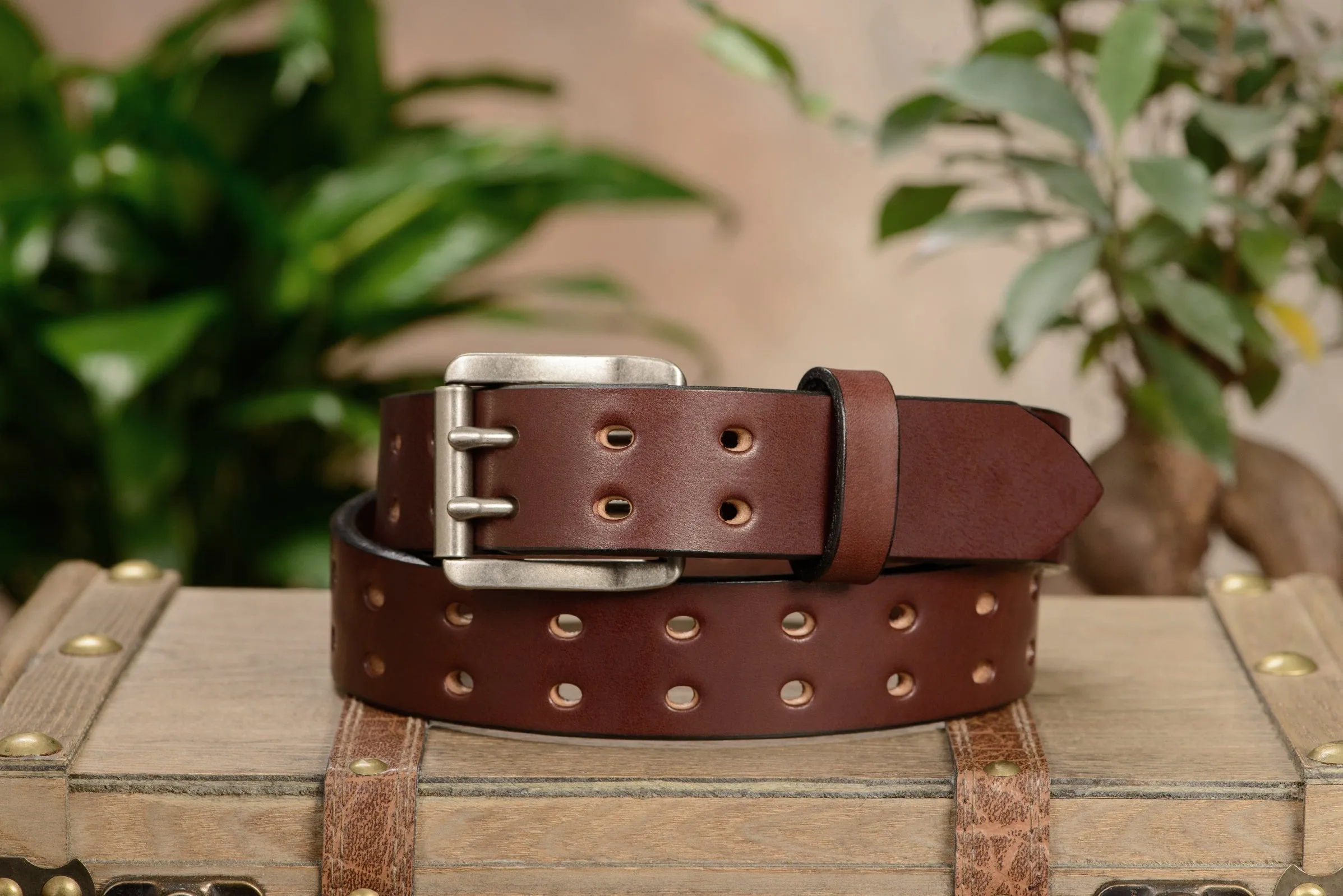 The Holey Bull: Men's Brown Non Stitched Double Prong Leather Belt With Nickel Roller 1.50"