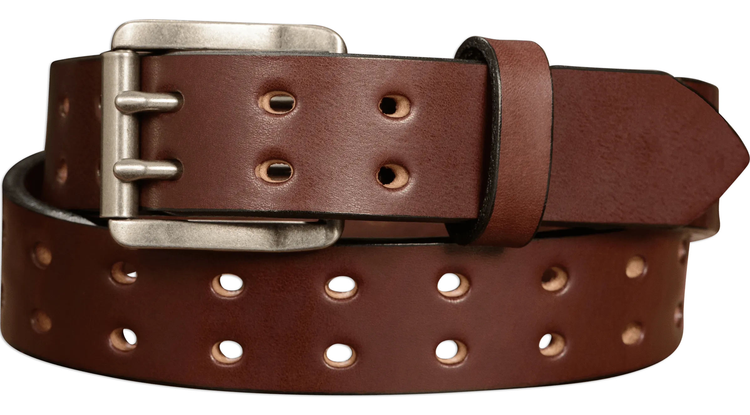 The Holey Bull: Men's Brown Non Stitched Double Prong Leather Belt With Nickel Roller 1.50"