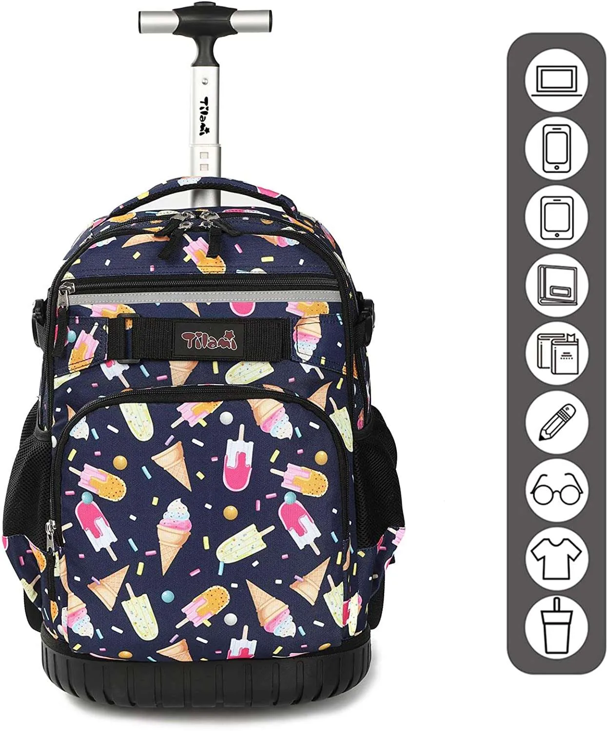 Tilami Black Ice Cream 18 inch Rolling Backpack Kids Wheeled Backpack
