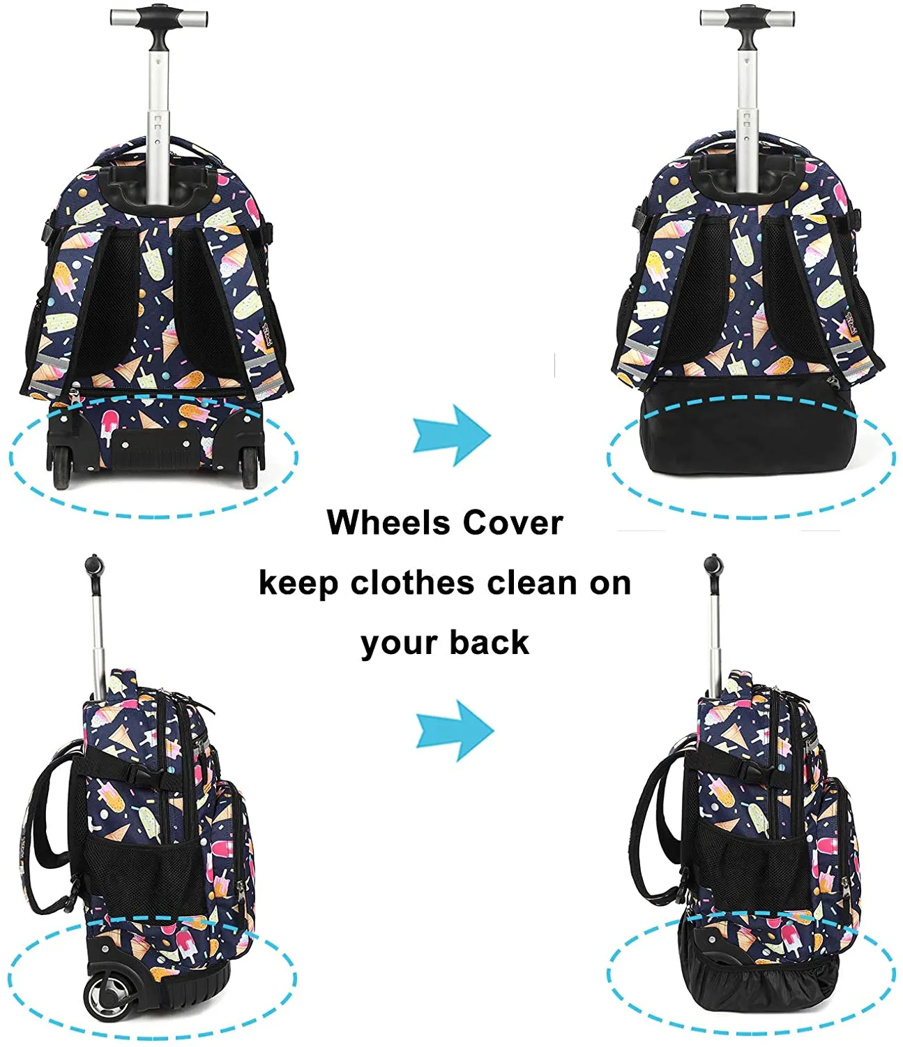Tilami Black Ice Cream 18 inch Rolling Backpack Kids Wheeled Backpack
