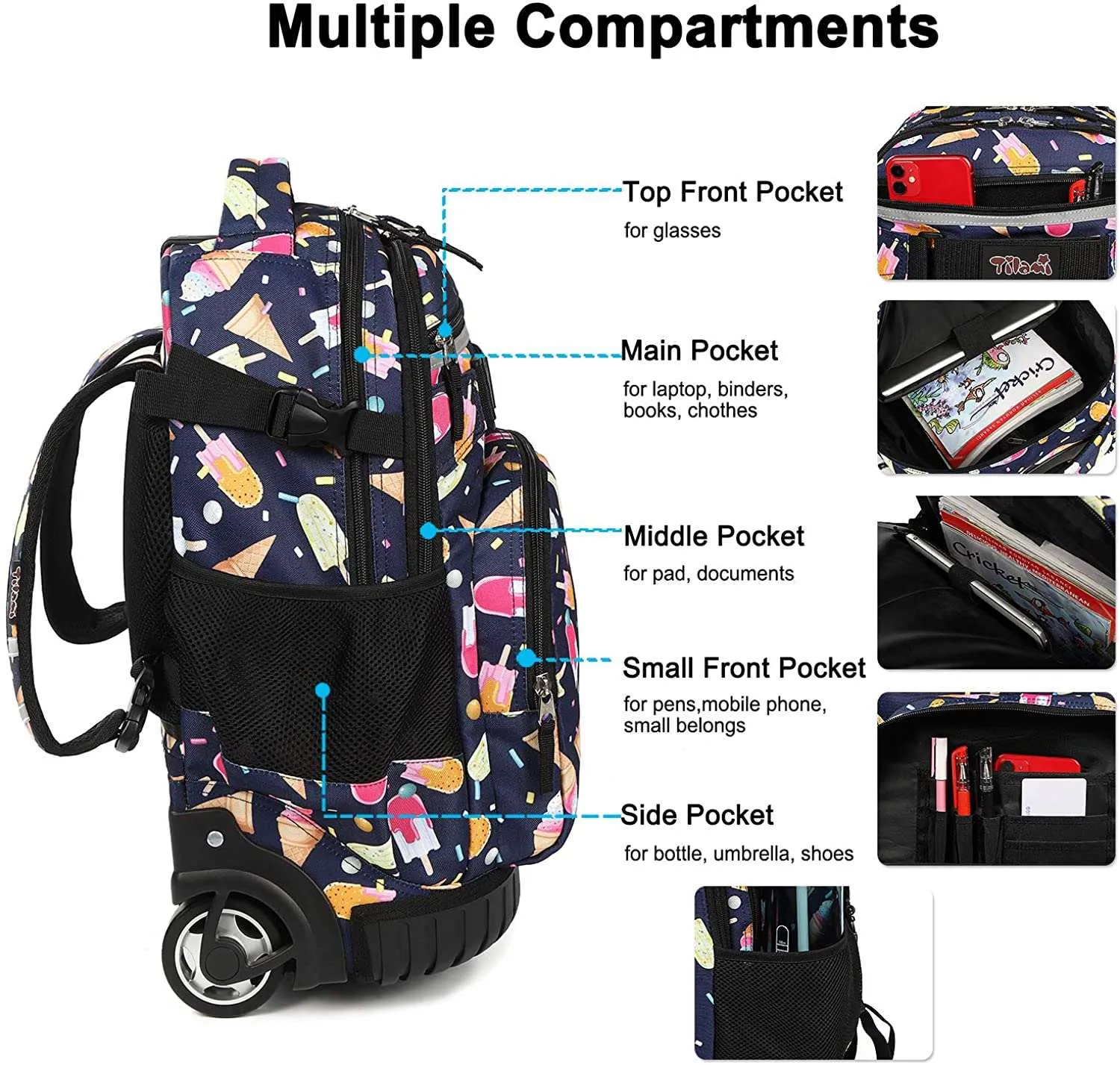 Tilami Black Ice Cream 18 inch Rolling Backpack Kids Wheeled Backpack